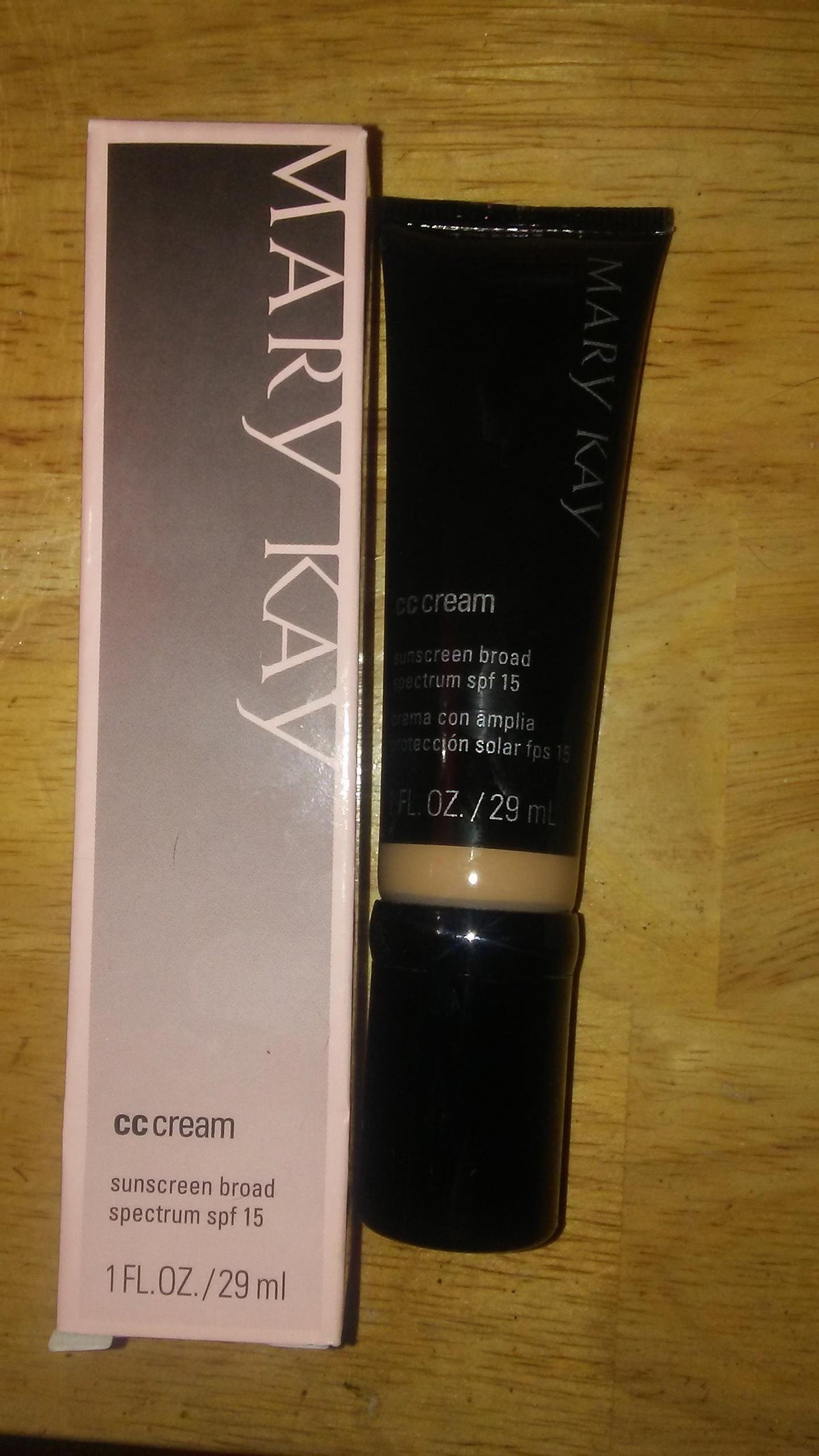 Mary Kay CC Cream SPF 15 bottle provides lightweight coverage for medium-deep skin tones.