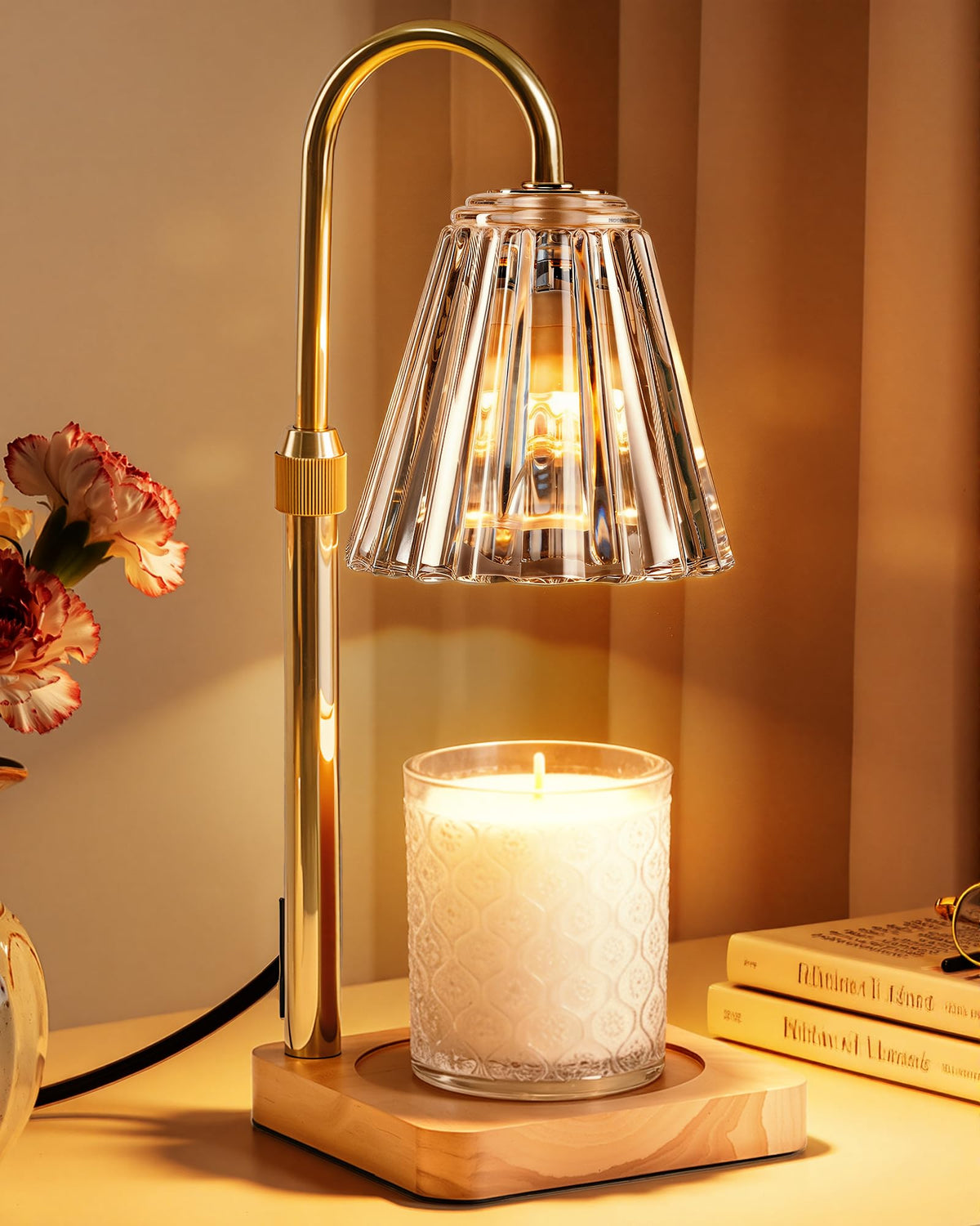 Marycele candle warmer lamp with wood base and gold body for elegant scent diffusion.