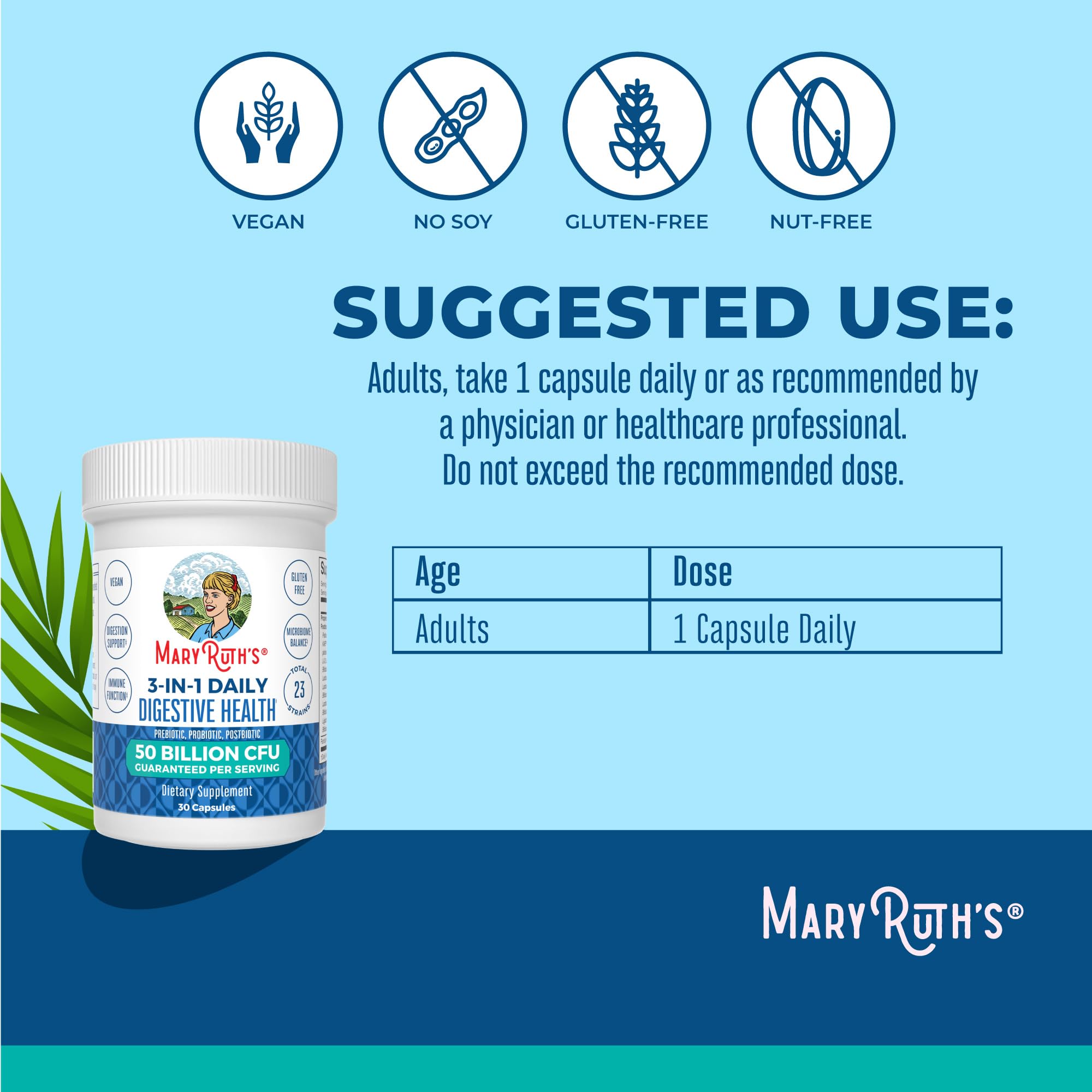 MARYRUTH'S 23 strains label highlights diverse prebiotic, probiotic, and postbiotic benefits.