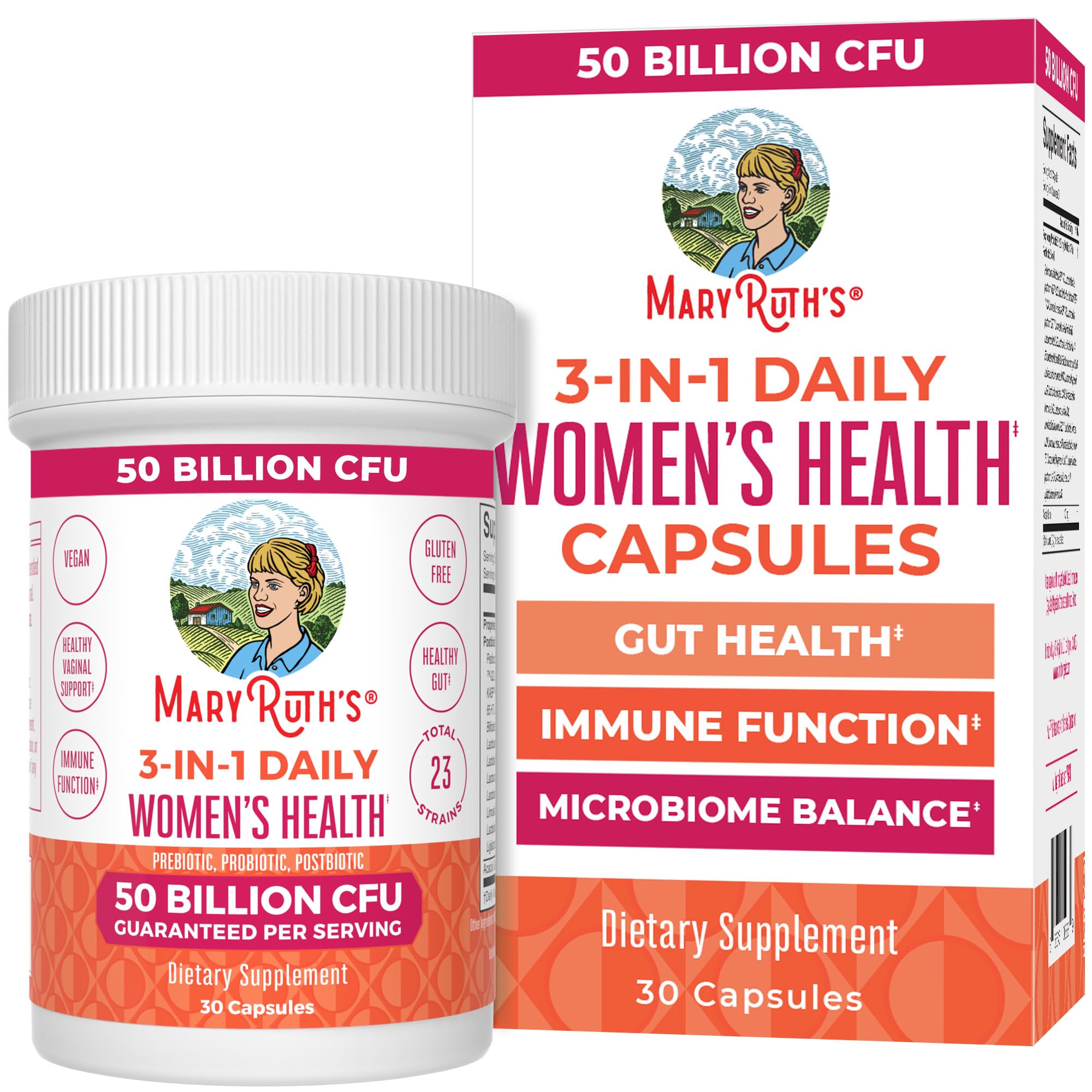MaryRuth's 3-in-1 daily women's health bottle front supporting gut wellness.