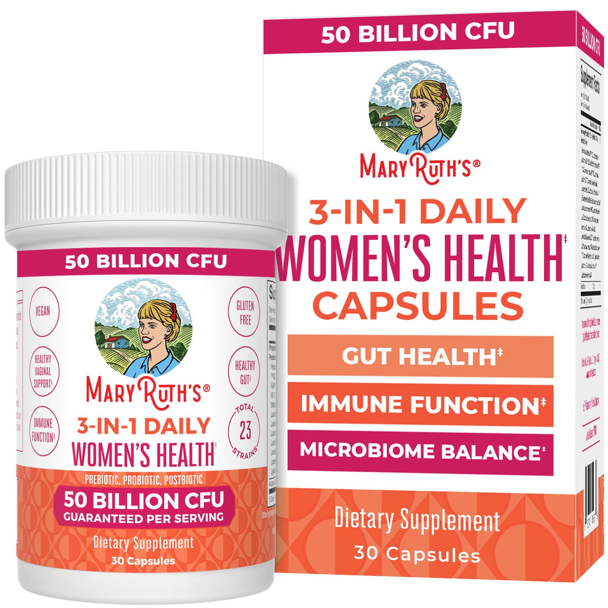 MaryRuth's 3-in-1 daily women's health bottle front supporting gut wellness.