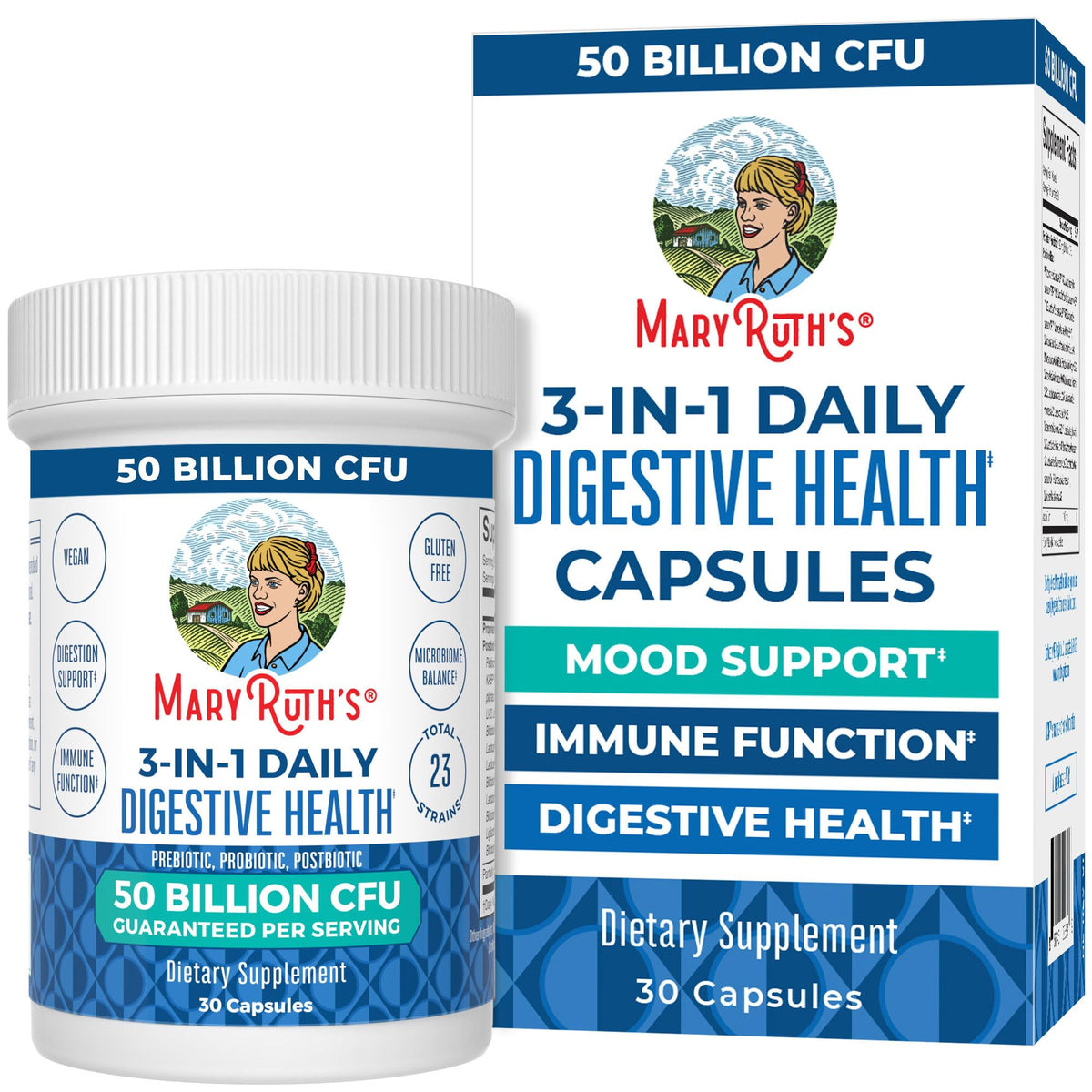 MARYRUTH'S 3-in-1 Probiotics bottle label with 50B CFU for daily gut support.
