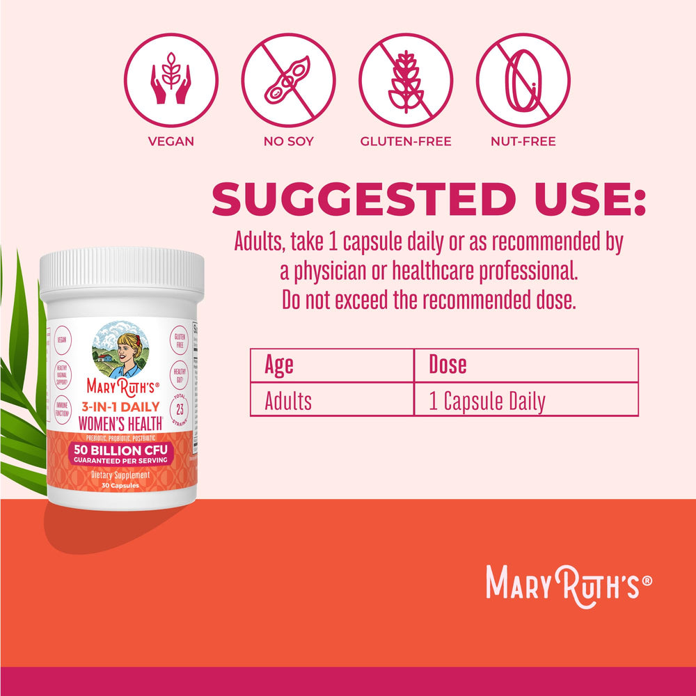 MaryRuth's 23-strain blend label showcases broad probiotic coverage for women.