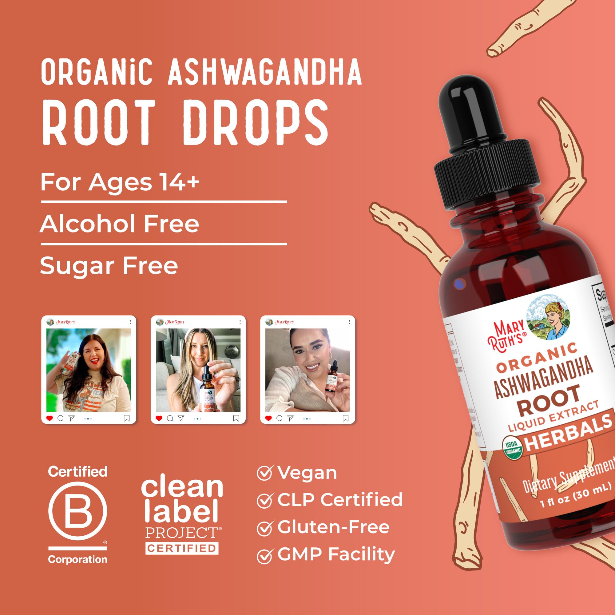 MaryRuth's Ashwagandha Drops packaging shows dairy free, nut free, and gluten free icons.