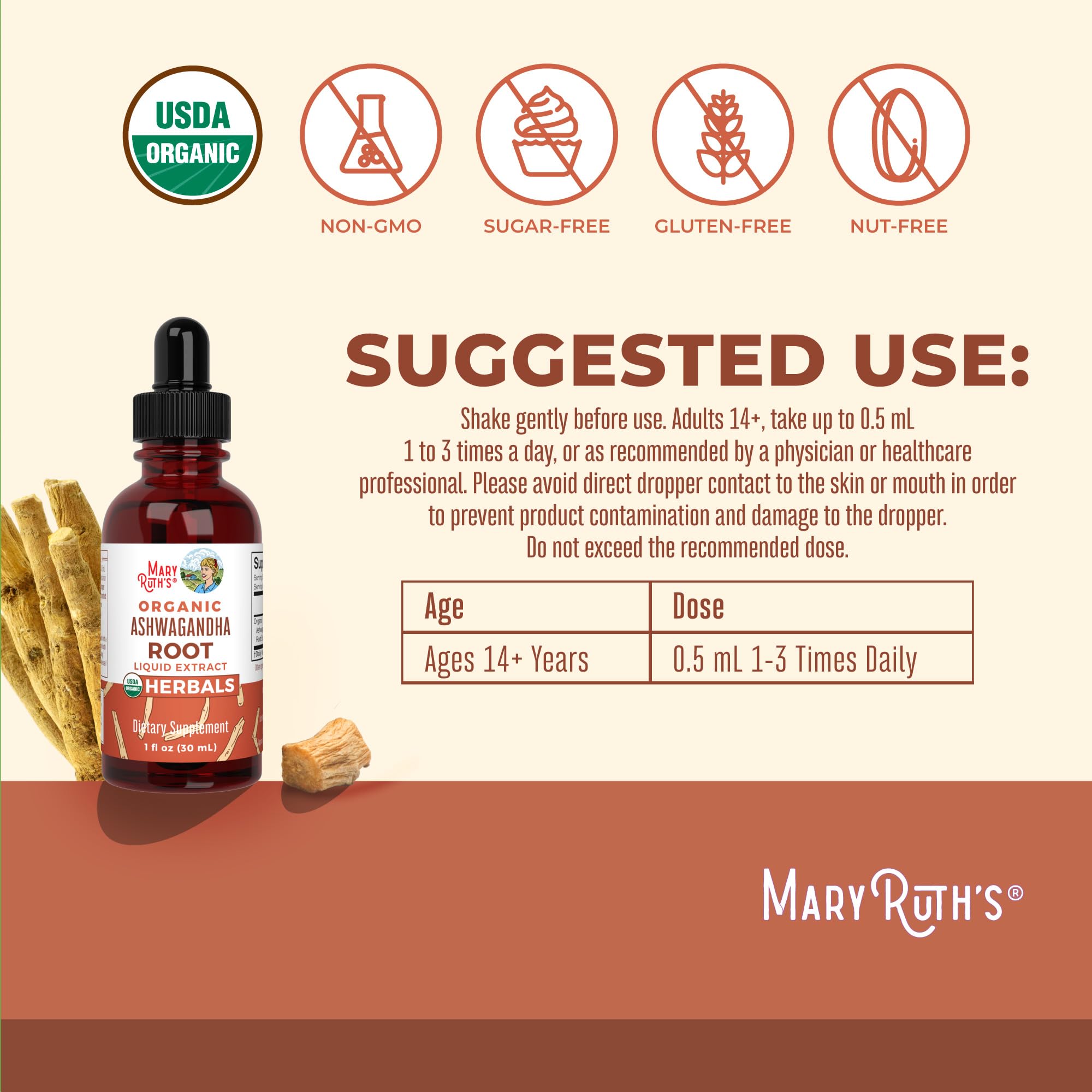 MaryRuth's Ashwagandha Drops label highlights organic certifications and clean-label promise.