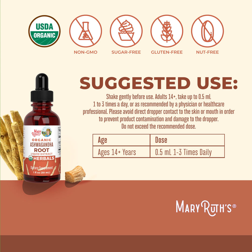 MaryRuth's Ashwagandha Drops label highlights organic certifications and clean-label promise.