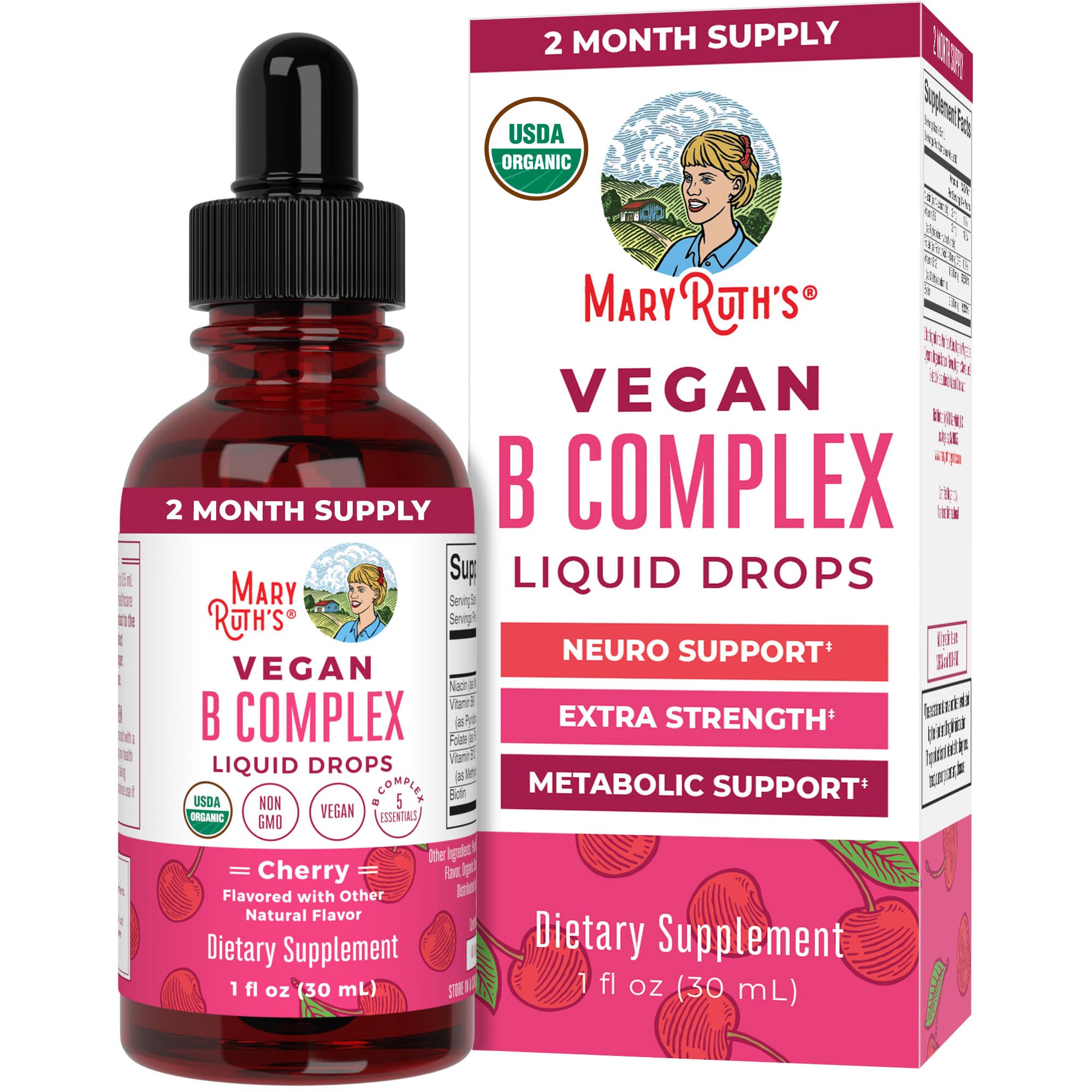 MaryRuth's B Complex drops bottle with label, supports daily metabolism and energy.