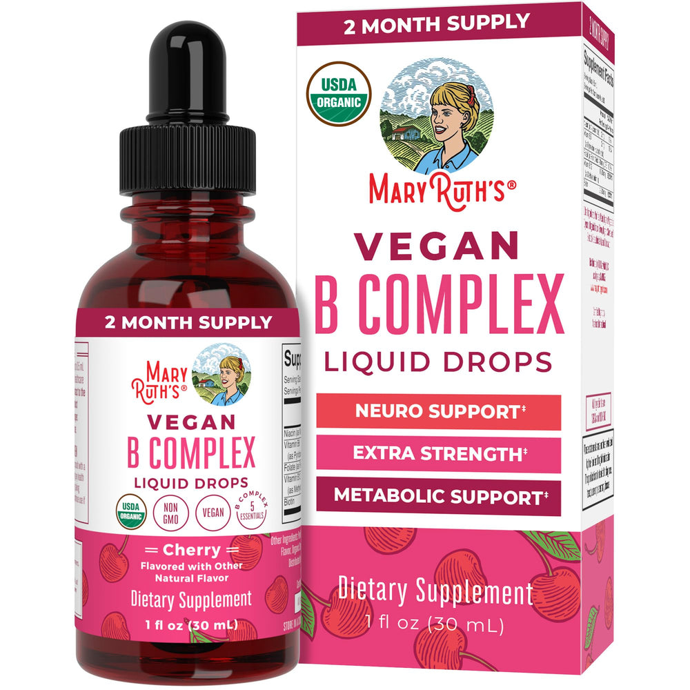 MaryRuth's B Complex drops bottle with label, supports daily metabolism and energy.