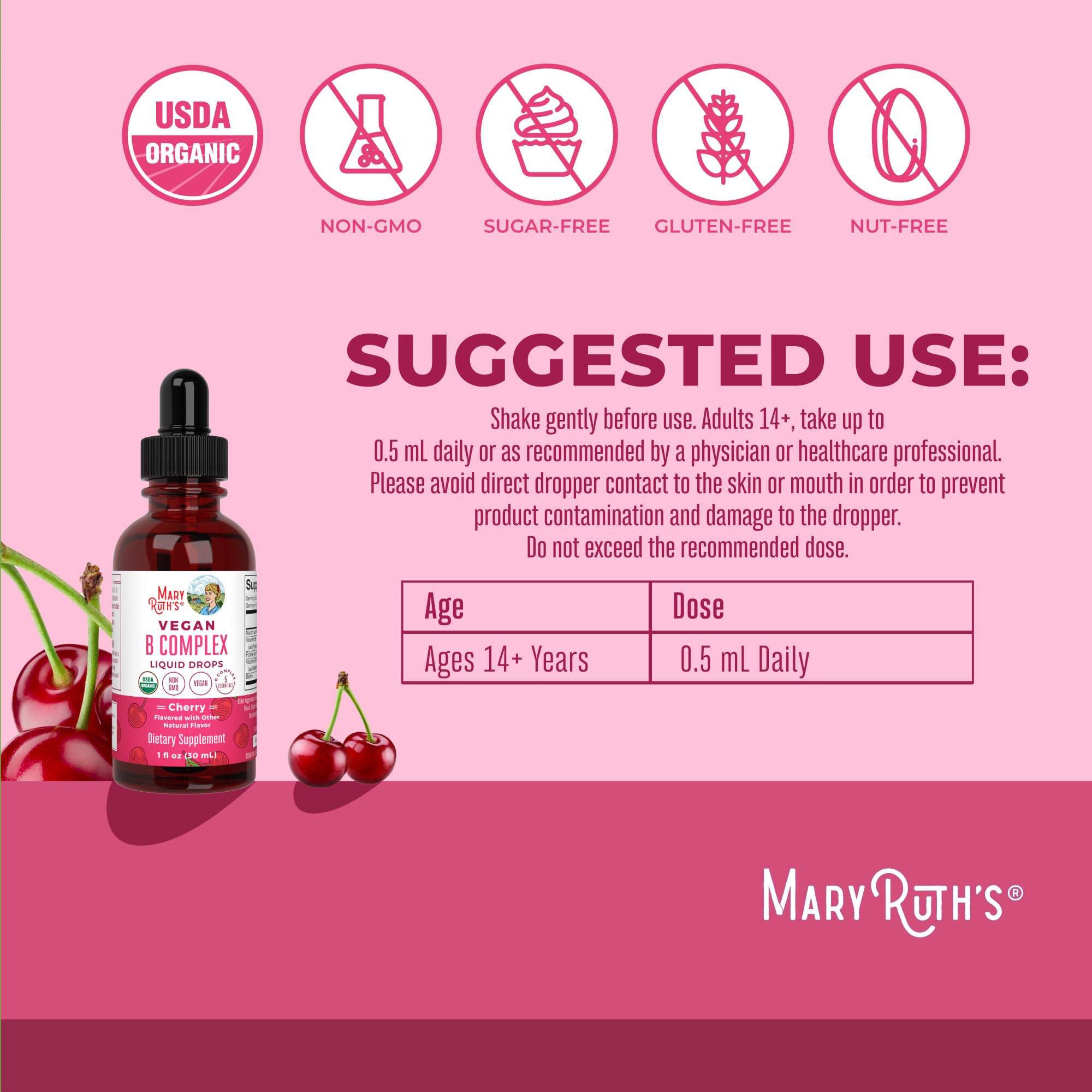 MaryRuth's B Complex drops label close-up, showcasing cherry flavor.