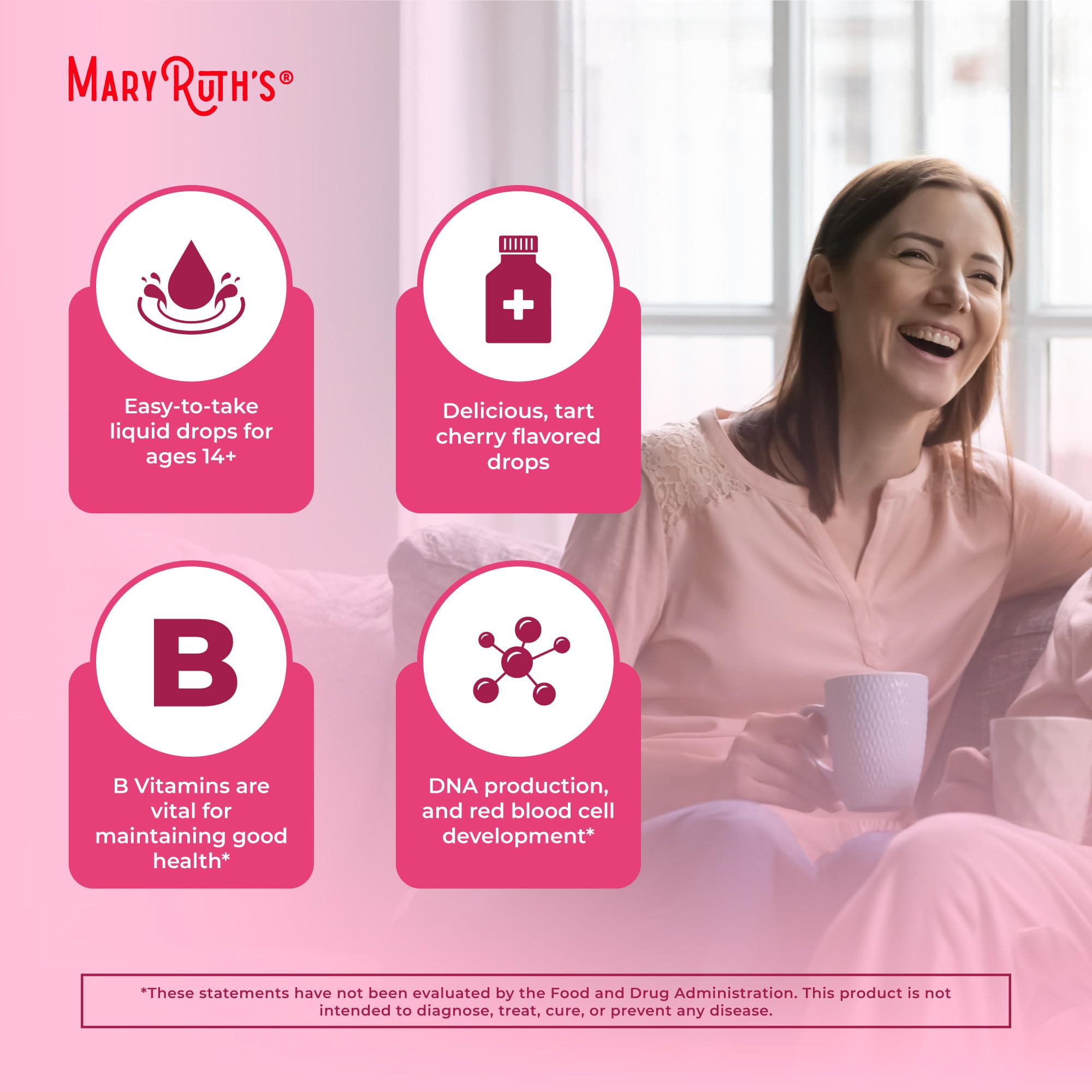 MaryRuth's B Complex drops with measuring spoon for precise dosing.
