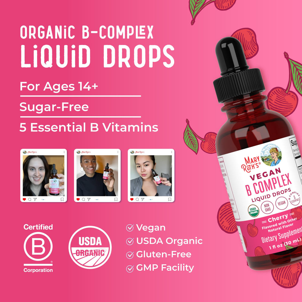 MaryRuth's B Complex vegan and gluten-free label on bottle.