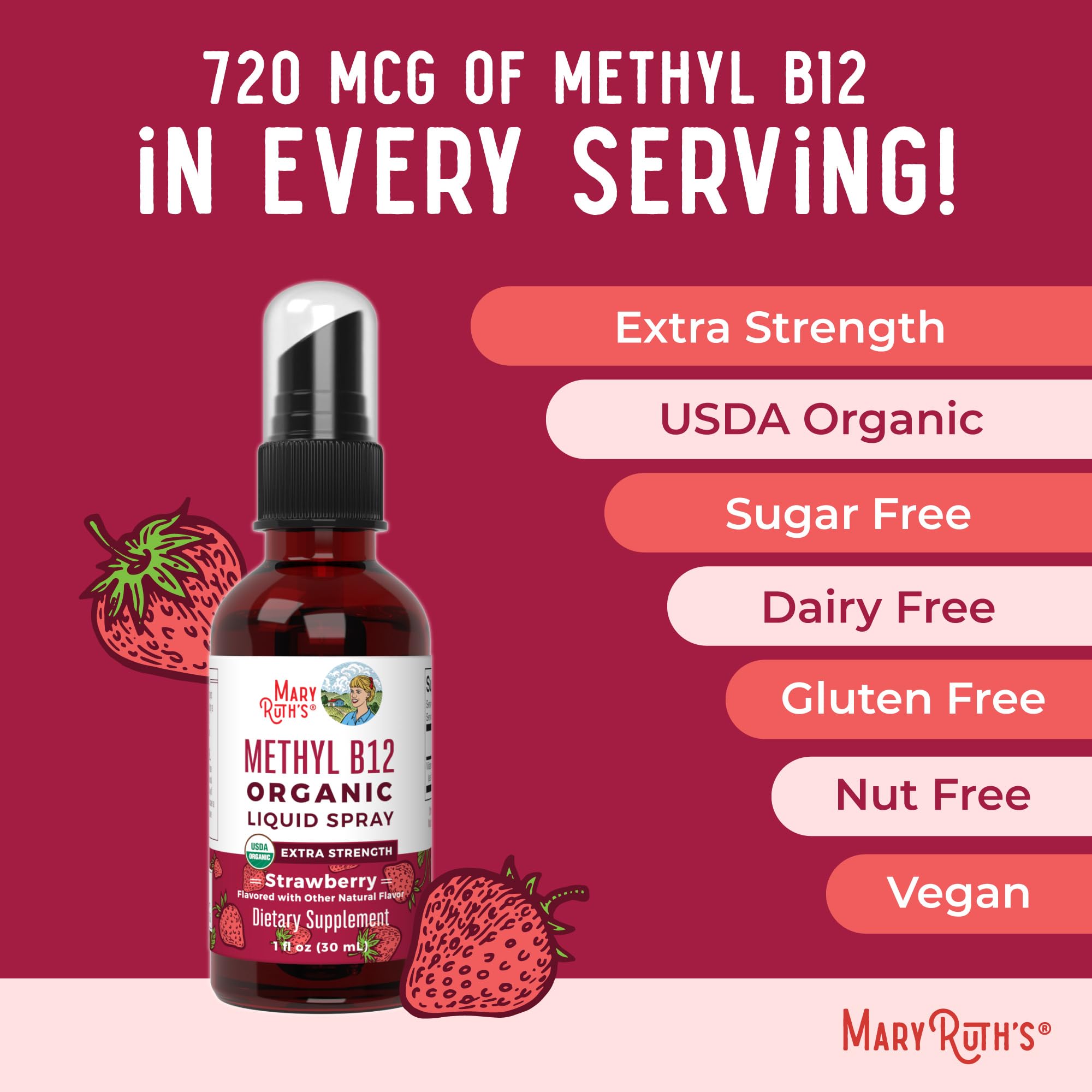 MARYRUTH'S B12 spray gluten-free dairy-free icons for sensitive diets.