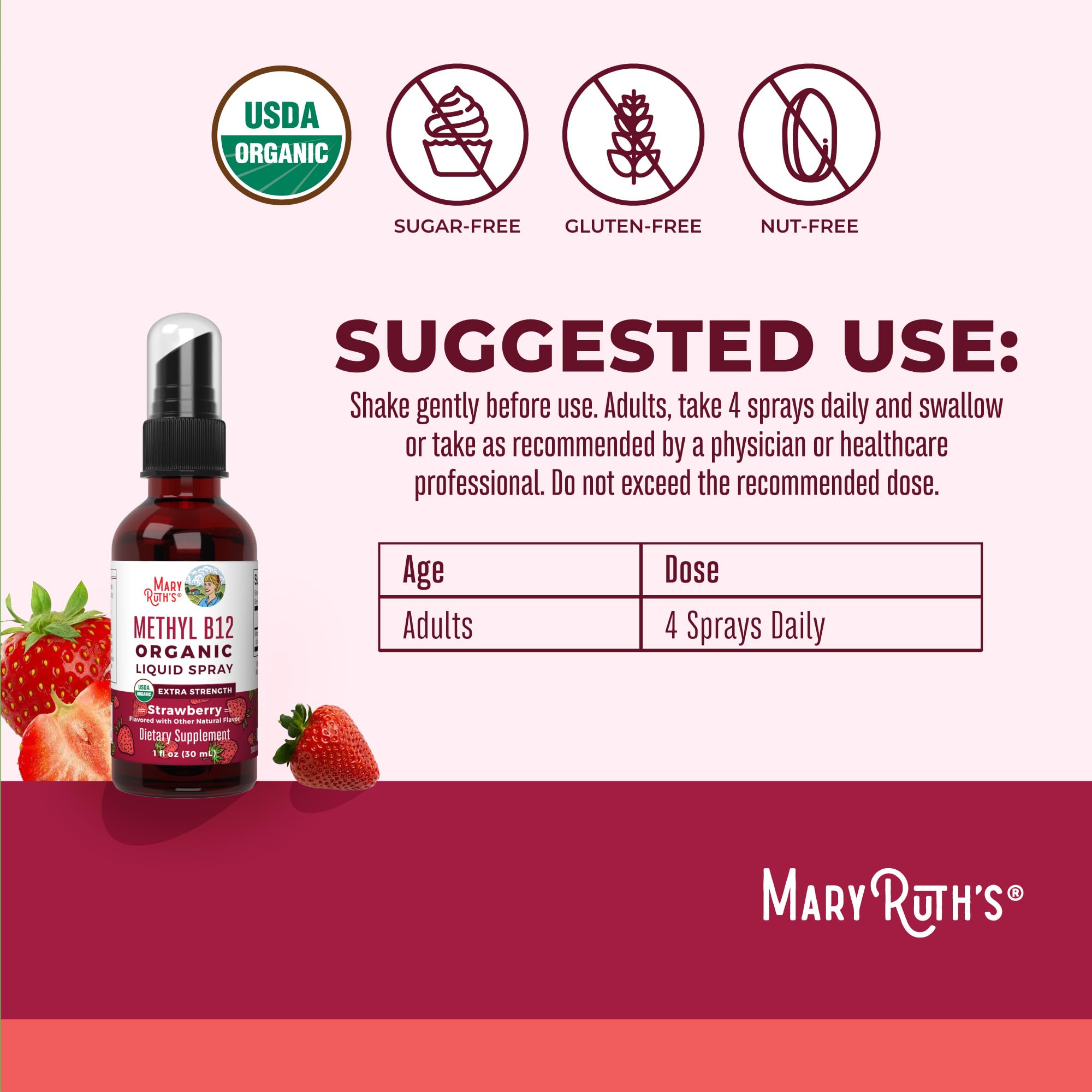 MARYRUTH'S B12 spray label closeup showing organic, vegan formulation.
