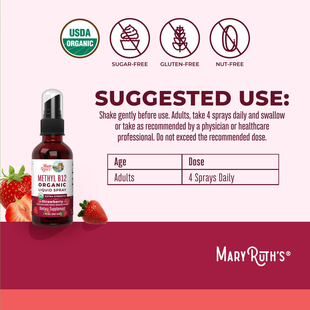 MARYRUTH'S B12 spray label closeup showing organic, vegan formulation.