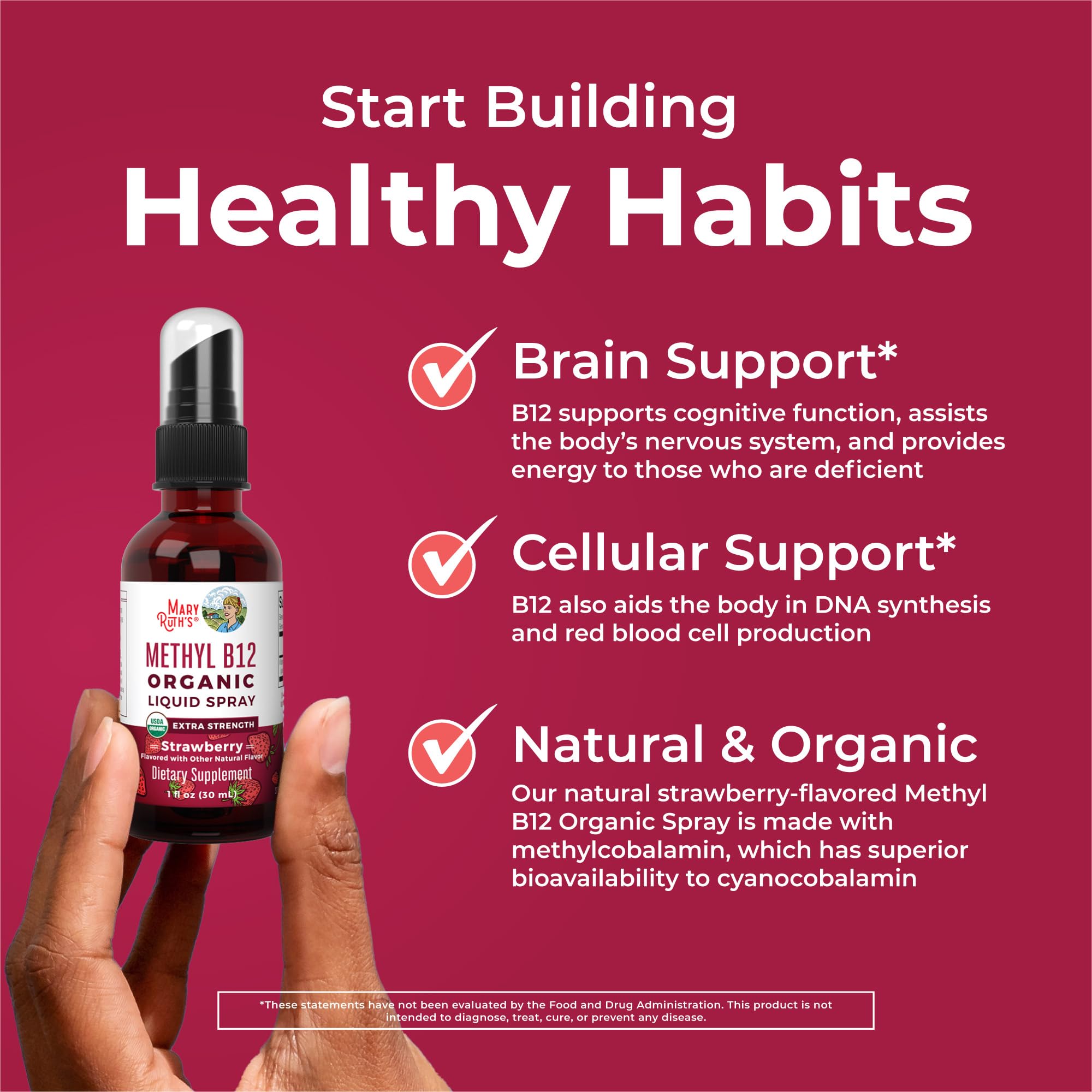 MARYRUTH'S B12 methylcobalamin graphic indicating bioavailability advantages.