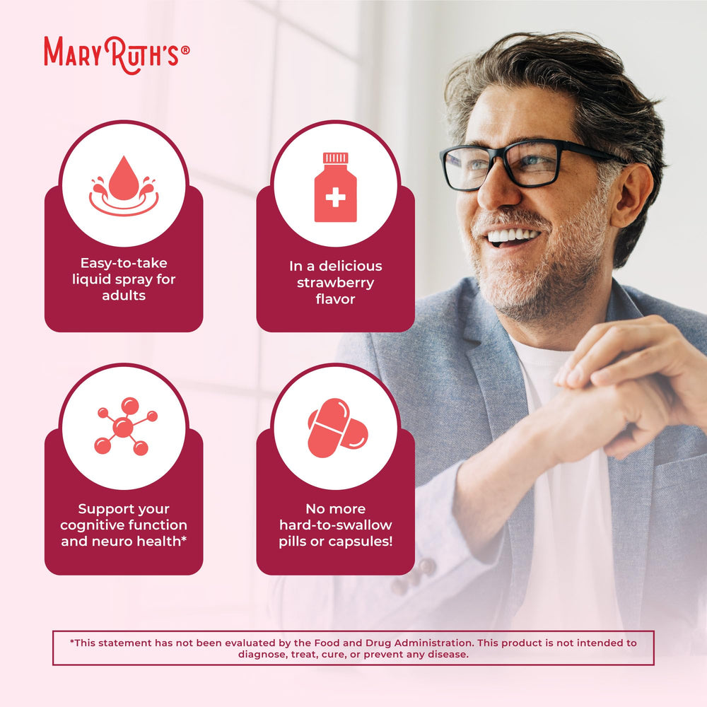 MARYRUTH'S B12 spray vegan non-GMO icons signaling clean ingredients.