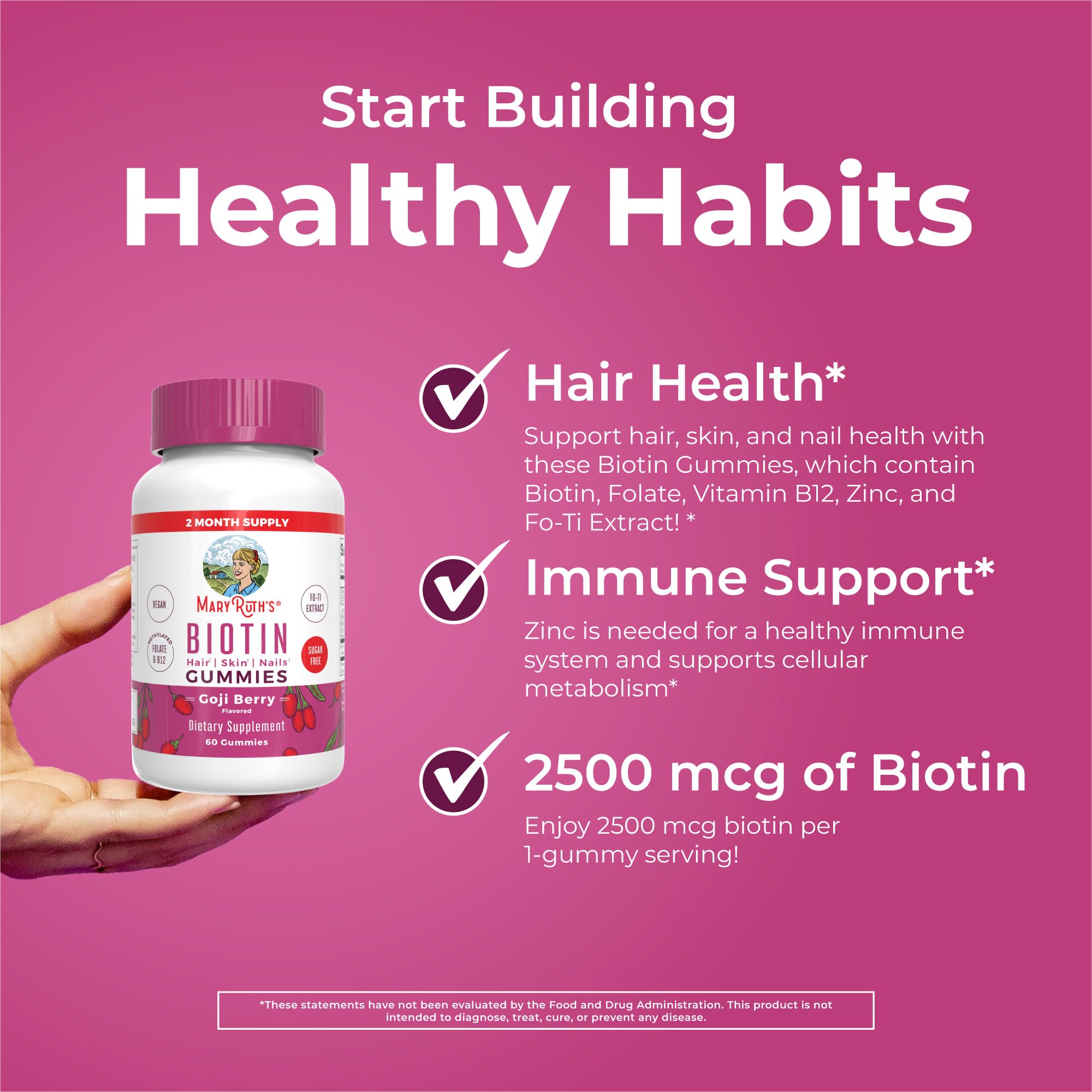 MaryRuth's Biotin Gummies ingredients panel highlights Biotin, Folate, B12, and Zinc