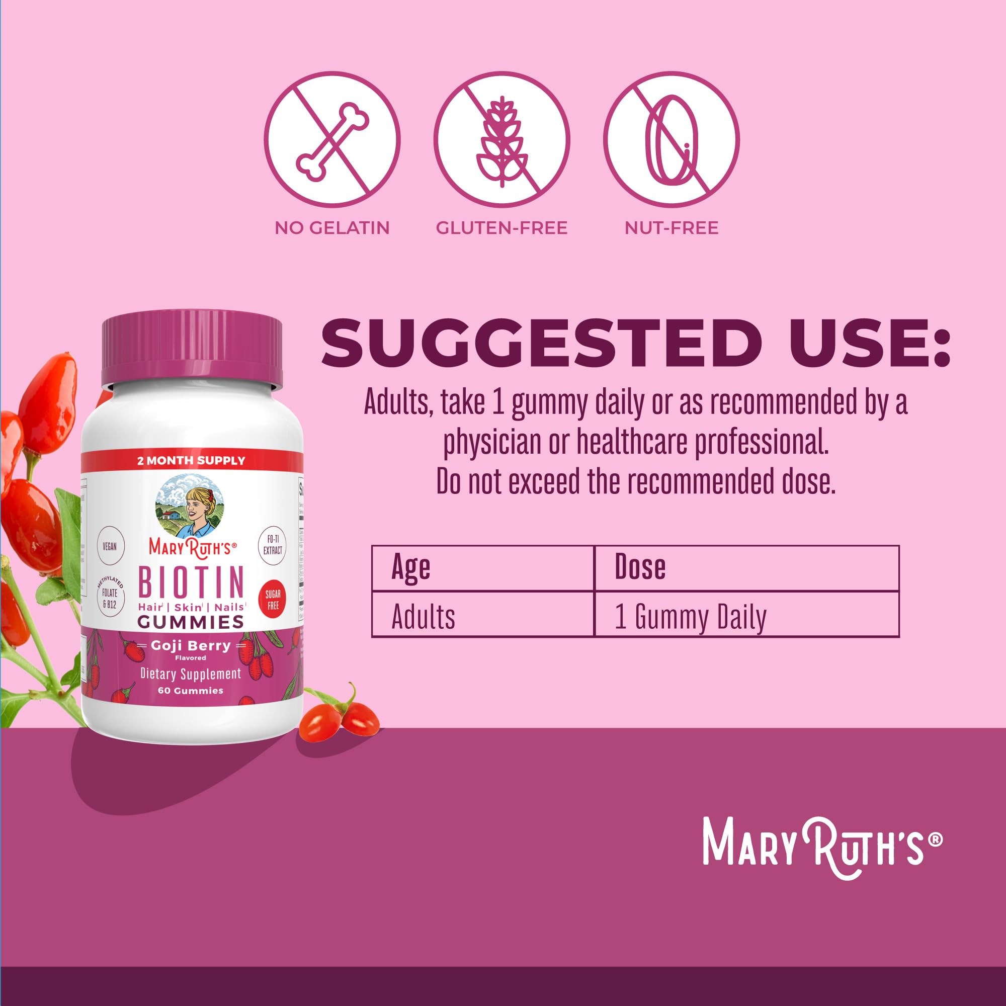 MaryRuth's Biotin Gummies pour shot highlighting simple daily intake