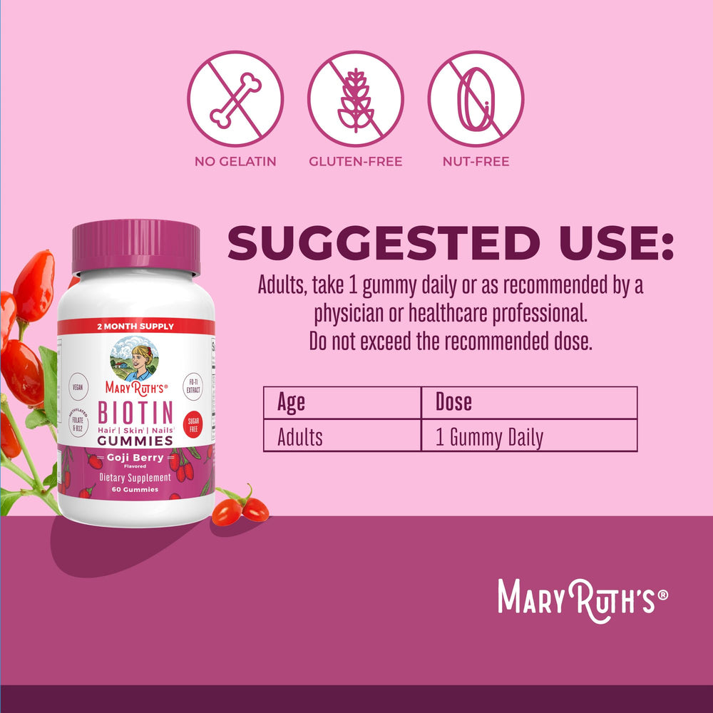 MaryRuth's Biotin Gummies pour shot highlighting simple daily intake