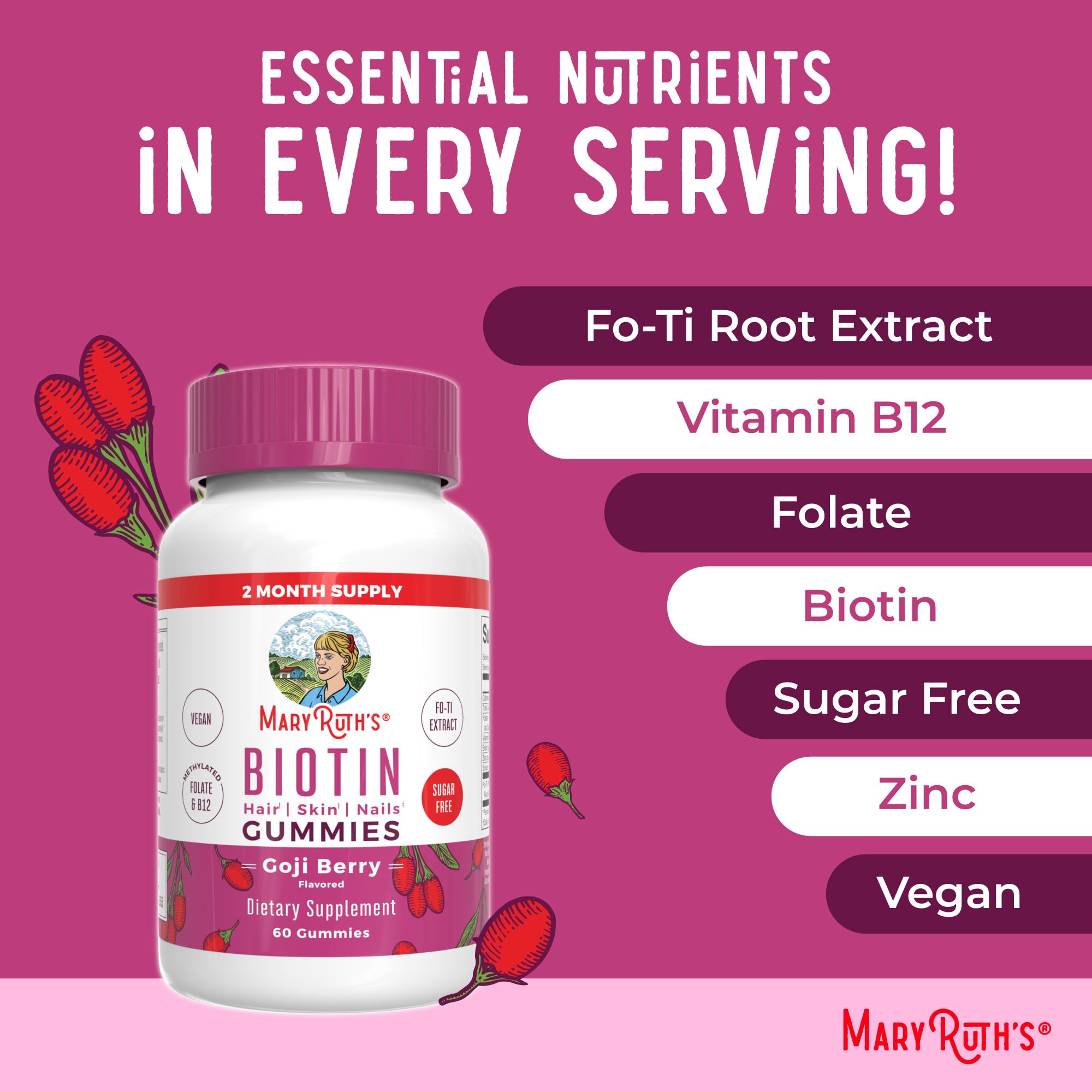 MaryRuth's Biotin Gummies vegan icon reinforces plant-based supplement choice