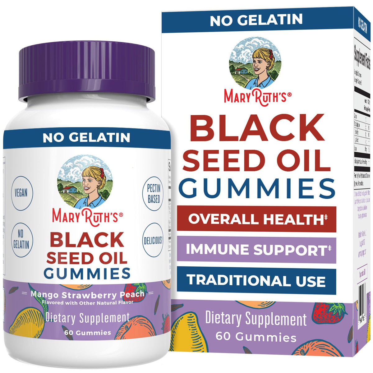 MaryRuth's Black Seed Oil Gummies bottle shows mango-strawberry-peach flavor for daily immune-friendly support.