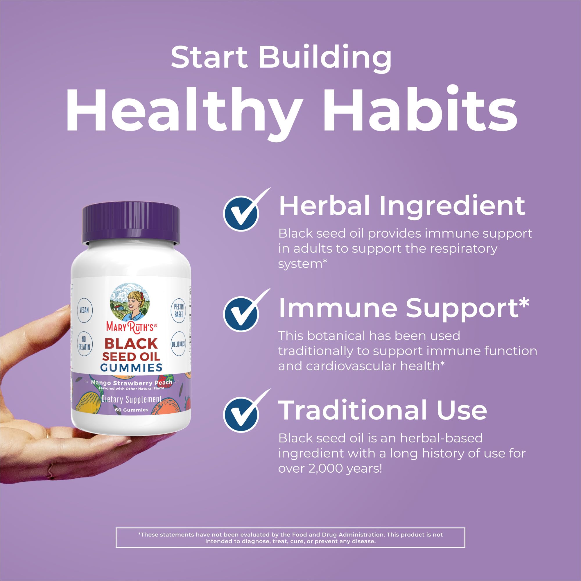 MaryRuth's gummies label emphasizes 300 mg black seed oil per serving for daily routines.