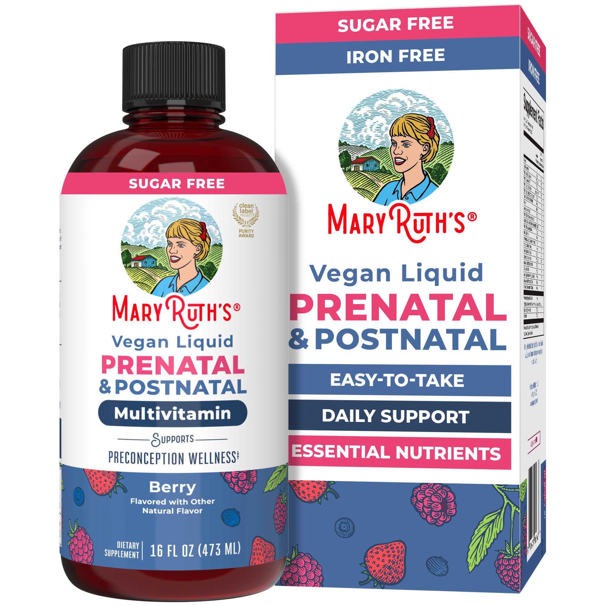 MARYRUTH'S prenatal bottle pour illustrates a berry liquid convenient for daily dosing.