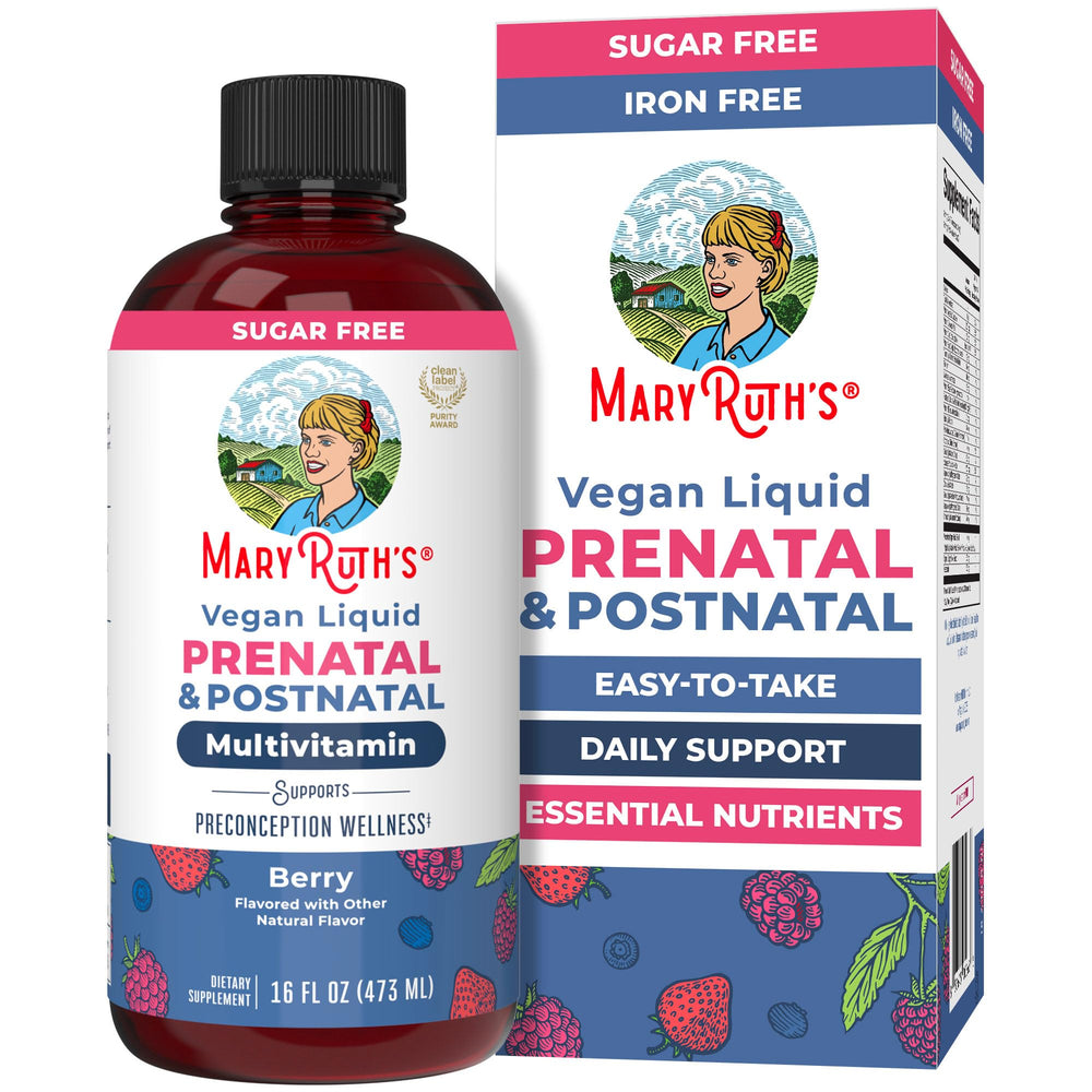 MARYRUTH'S prenatal bottle pour illustrates a berry liquid convenient for daily dosing.