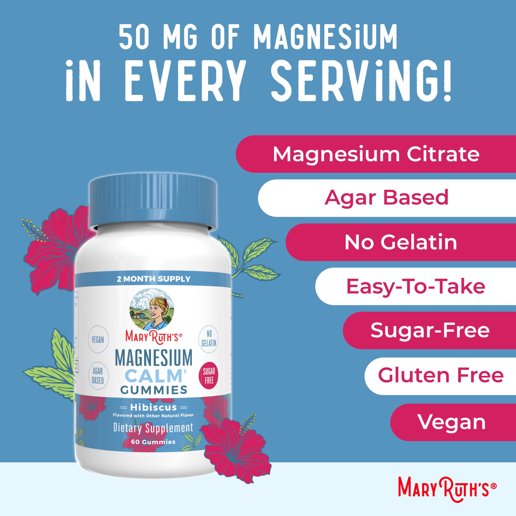 Two-month supply: MaryRuth's Calm Magnesium Gummies bottle contains 60 servings.