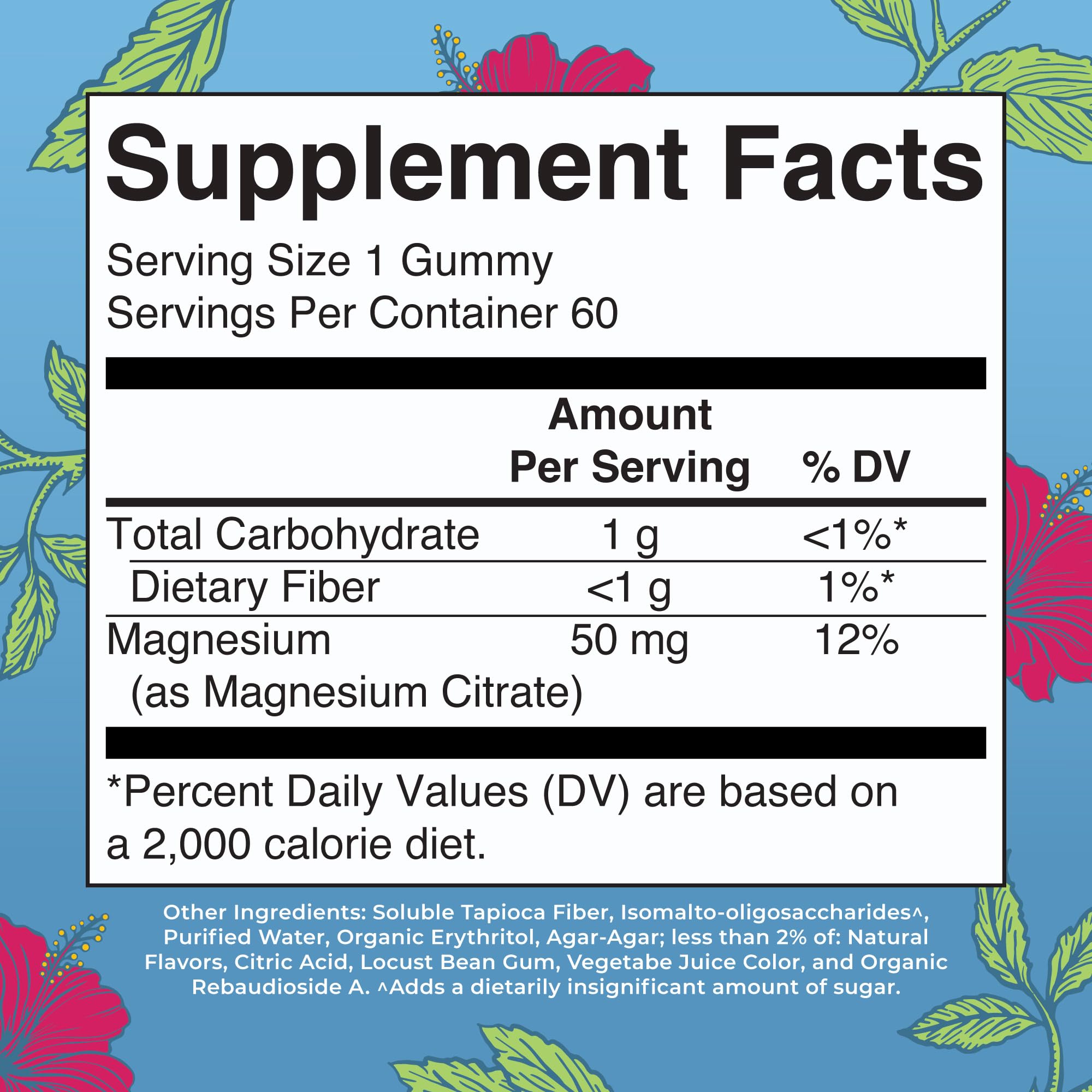 MaryRuth's Calm Magnesium Gummies label highlights hibiscus flavor and vegan, gelatin-free formula.