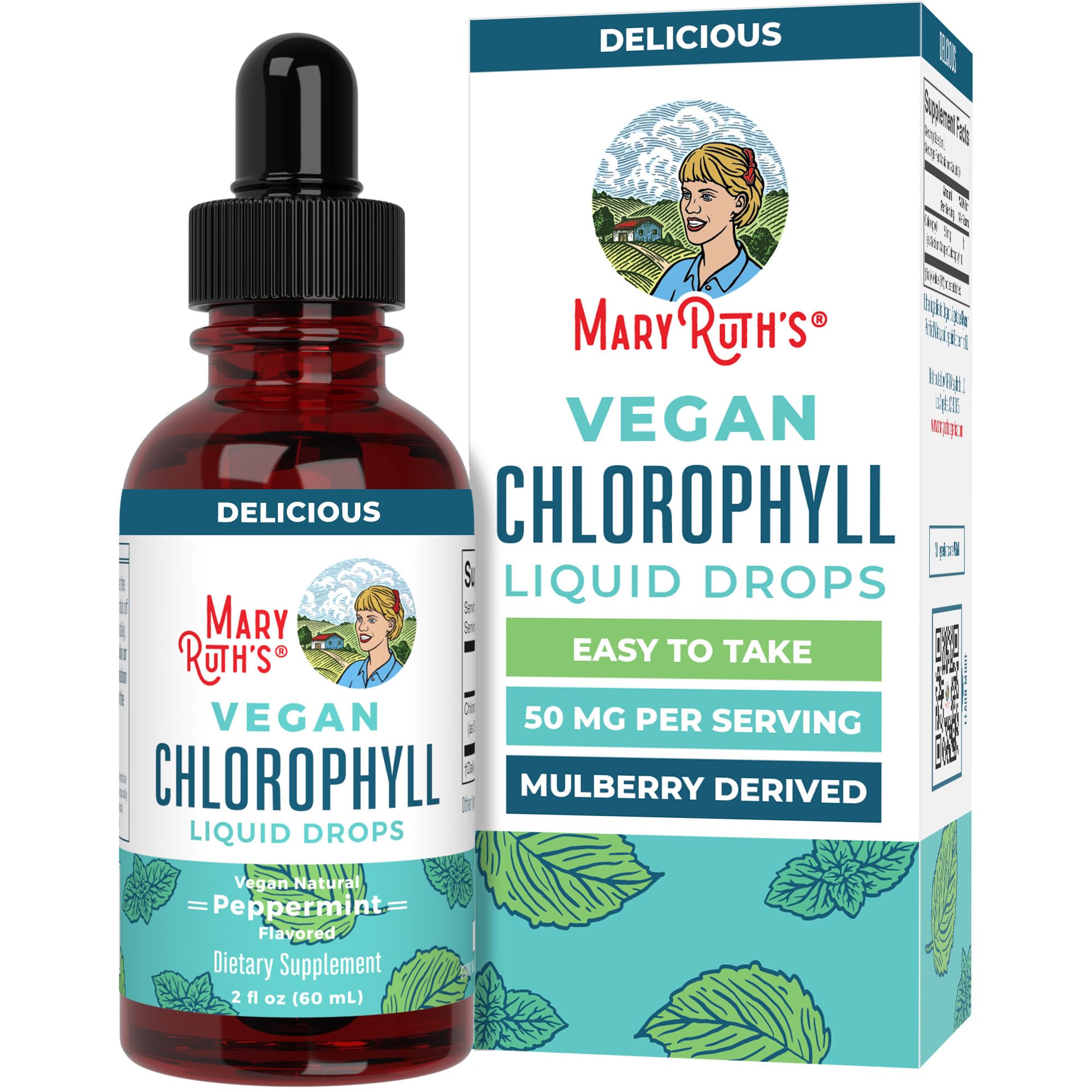MaryRuth's Chlorophyll Drops bottle highlights mint flavor for easy daily use.