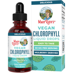 MaryRuth's Chlorophyll Drops bottle highlights mint flavor for easy daily use.