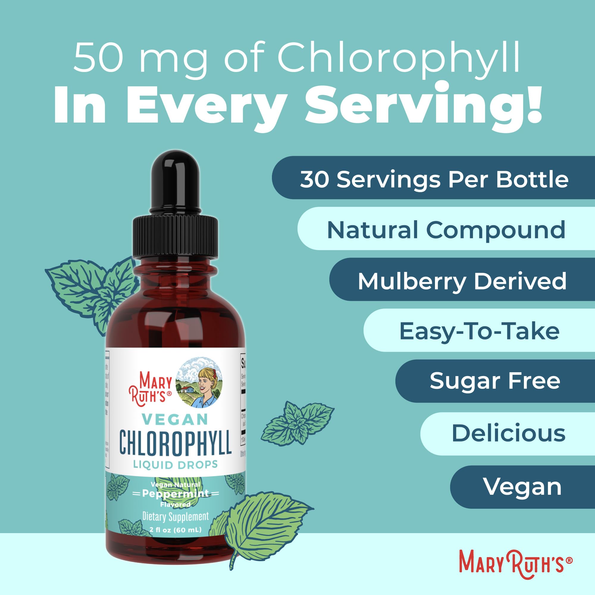 Mulberry-derived chlorophyllin detail shown on bottle to indicate natural source.