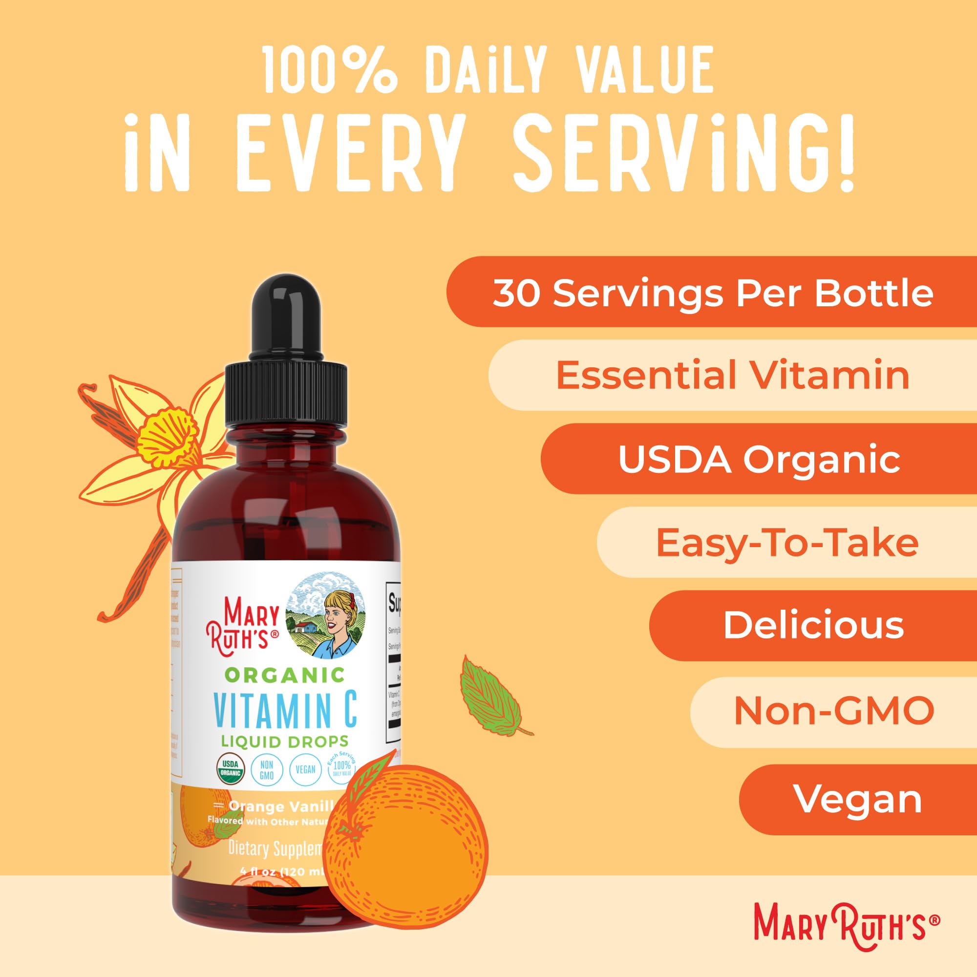 Clean label and certifications on MaryRuth's vitamin C bottle