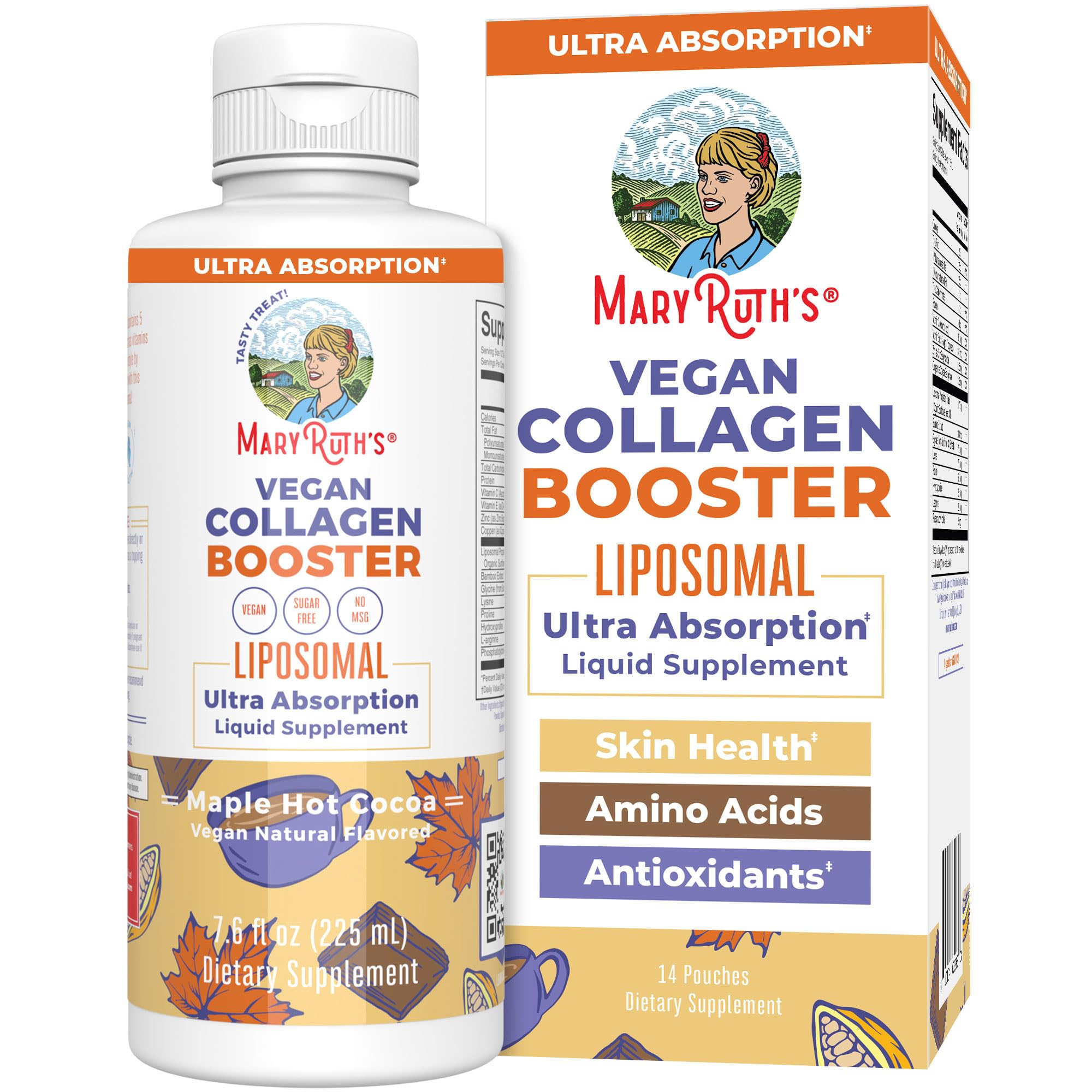 MaryRuth's Collagen Booster liposomal bottle in maple hot cocoa flavor for daily beauty support.