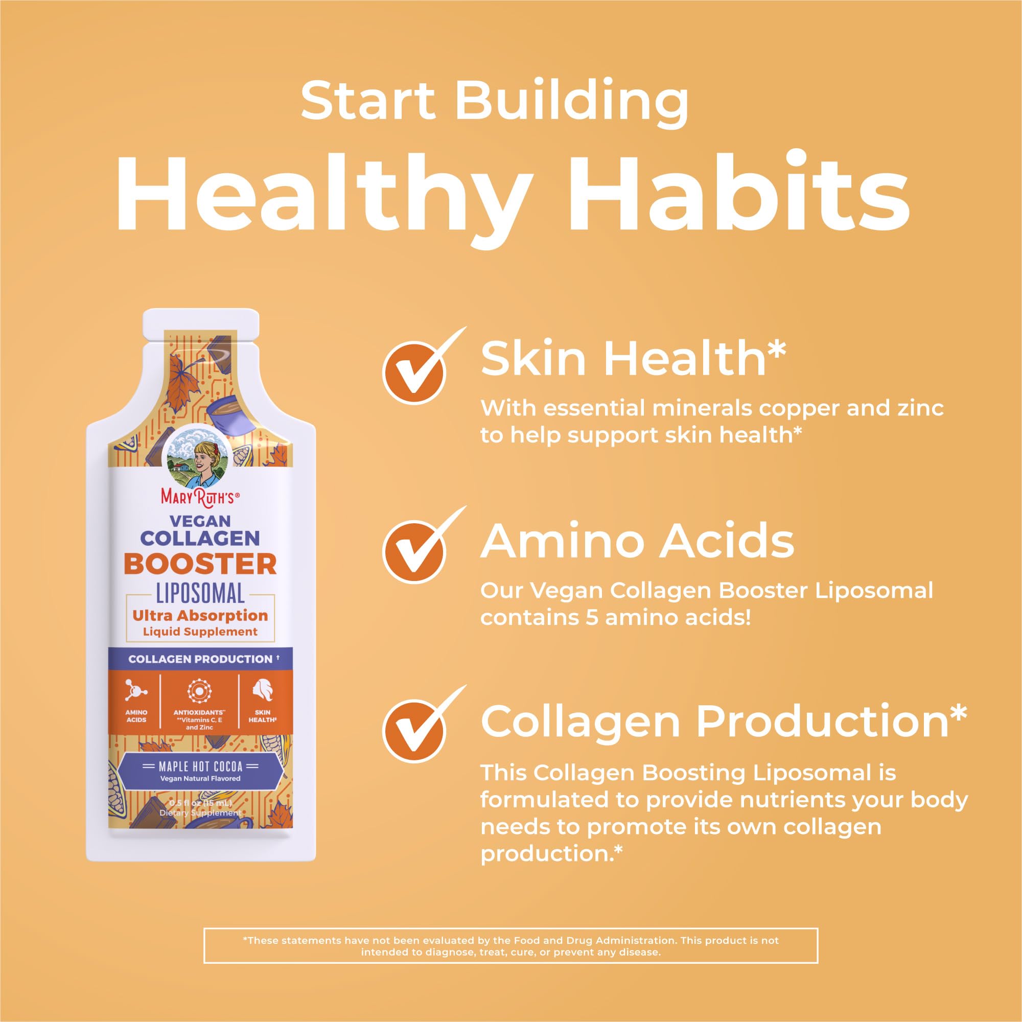 Label closeup of MaryRuth's Collagen Booster Liposomal highlighting vegan, non-GMO claims