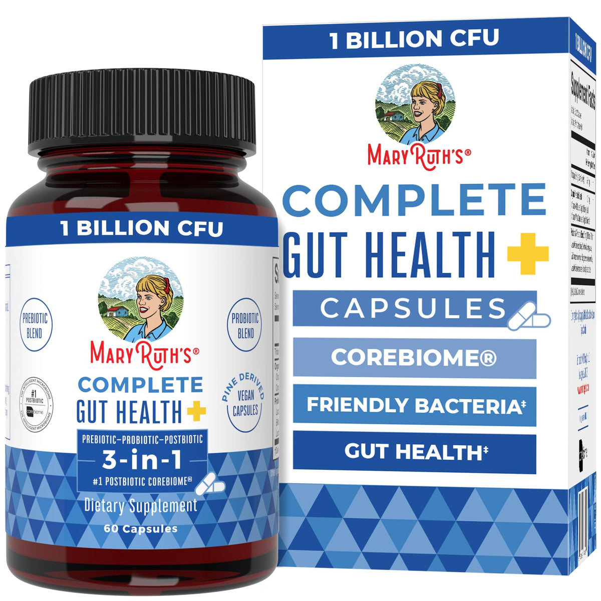 MaryRuth's Complete Gut Health Capsules bottle front view with vegan probiotic blend for daily support.