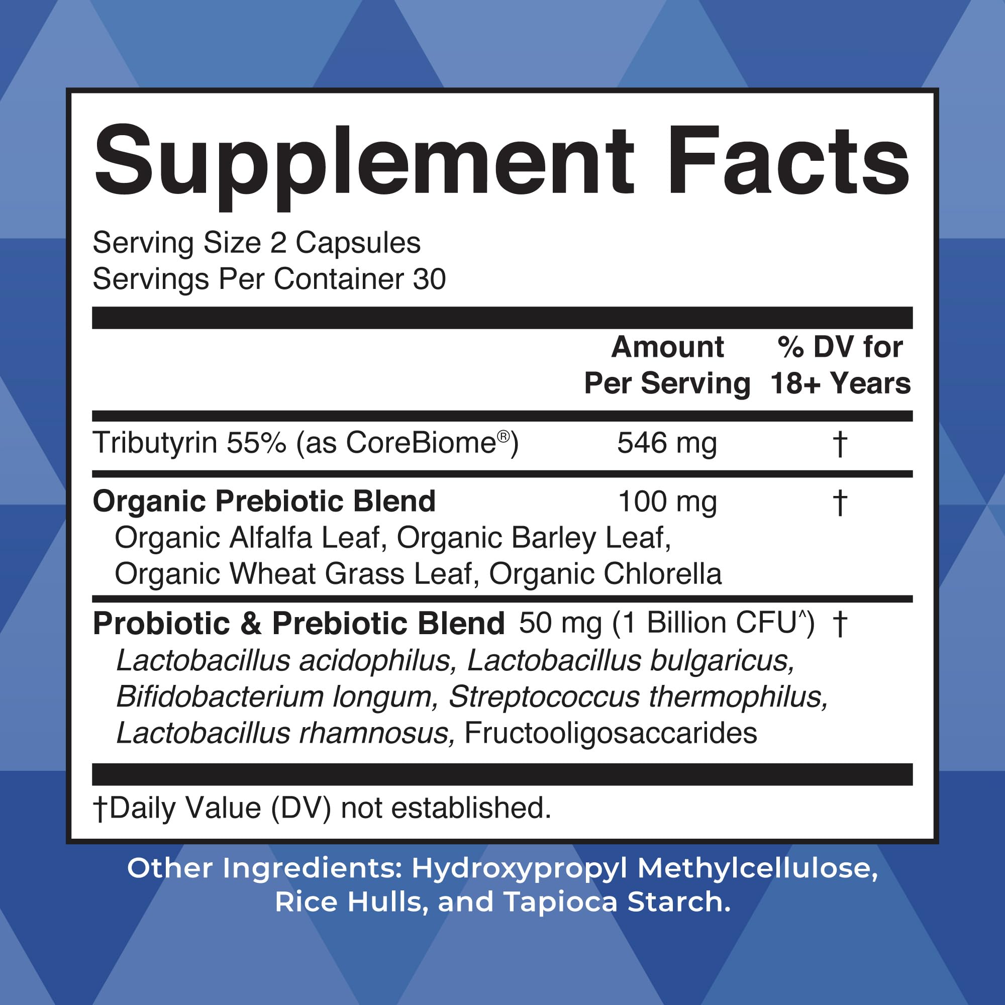 MaryRuth's bottle label highlights Corebiome butyrate and five probiotic strains.