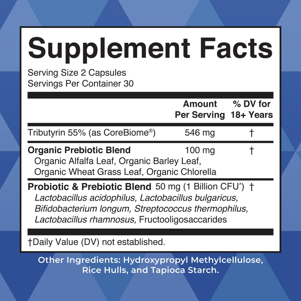 MaryRuth's bottle label highlights Corebiome butyrate and five probiotic strains.