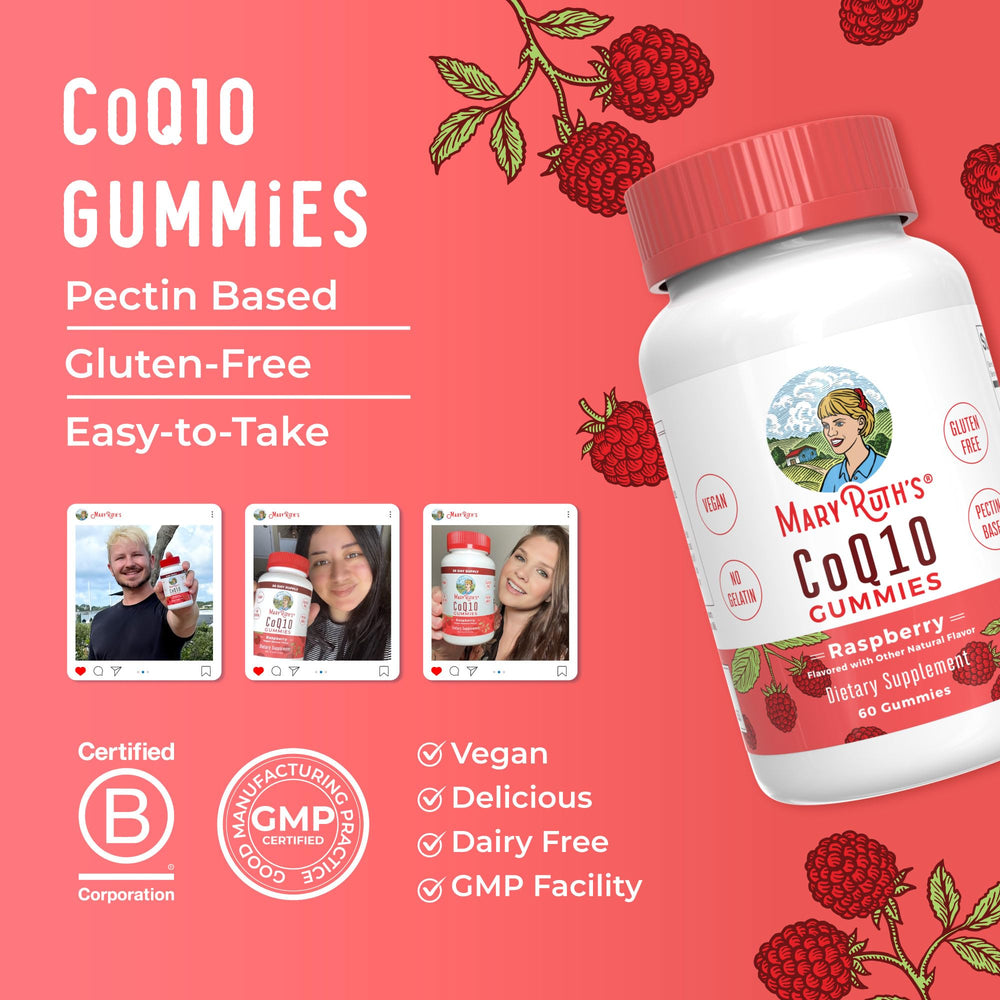 MaryRuth's CoQ10 gummies dairy-free and nut-free badge for allergy-conscious use.