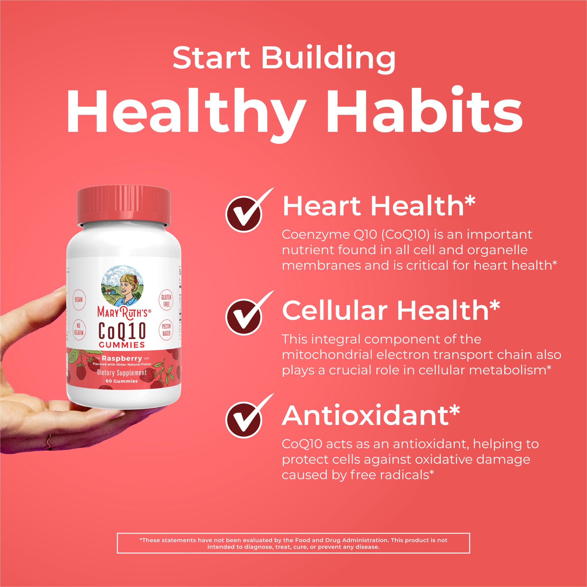 MaryRuth's CoQ10 gummies non-GMO icon indicates non-GMO integrity.