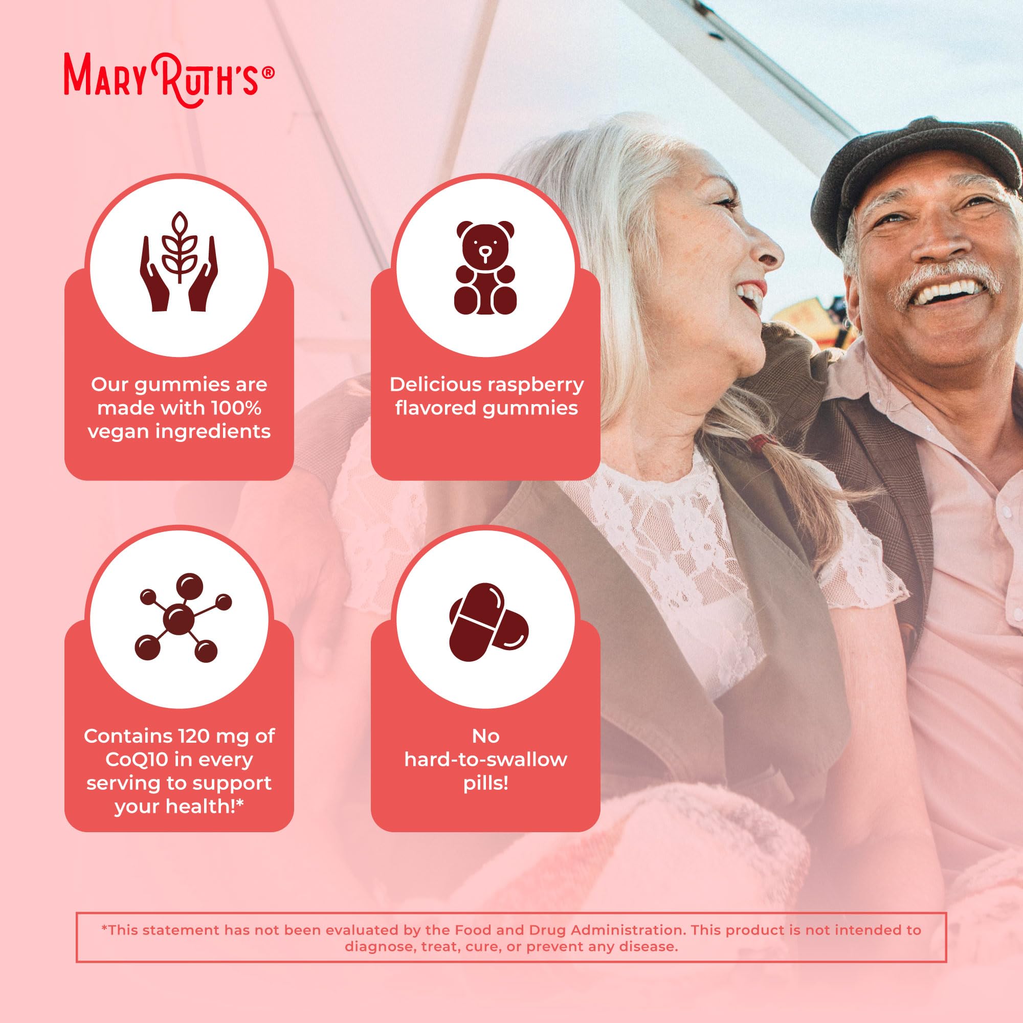 MaryRuth's CoQ10 gummies plant-based pectin highlights dairy-free and gluten-free.