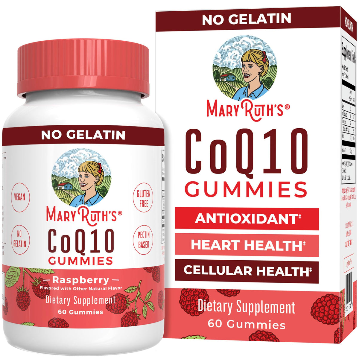 MaryRuth's CoQ10 gummies raspberry bottle shows vegan and gluten-free dietary supplement.