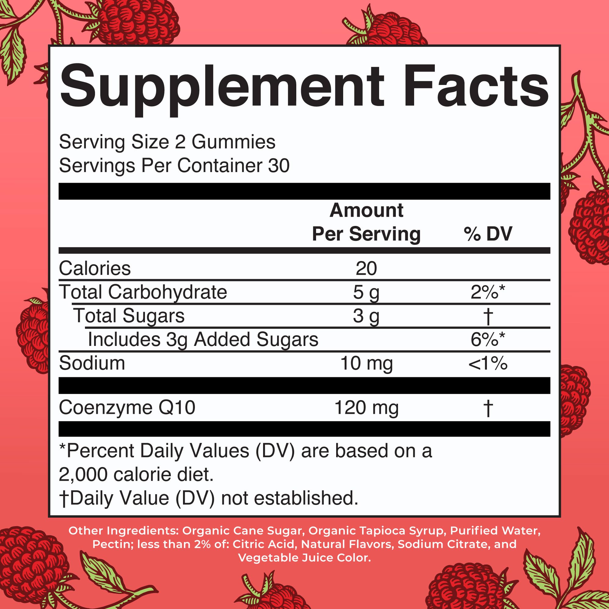 MaryRuth's CoQ10 gummies raspberry close-up highlights vegan raspberry flavor.