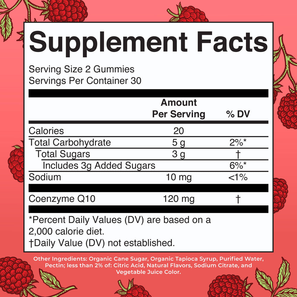 MaryRuth's CoQ10 gummies raspberry close-up highlights vegan raspberry flavor.