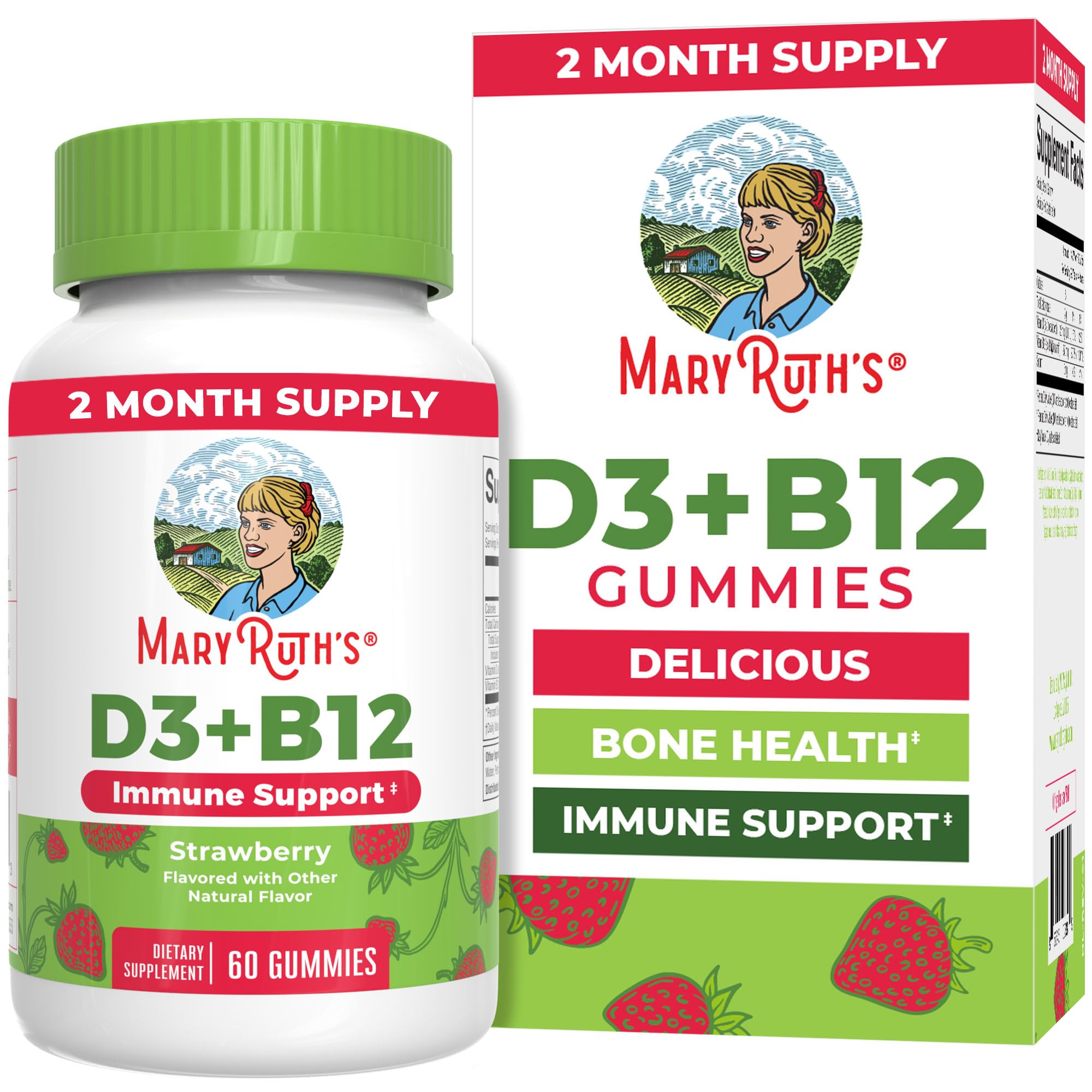 MaryRuth's D3+B12 gummies bottle front showcasing vegan nutrition for daily wellness