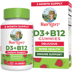 MaryRuth's D3+B12 gummies bottle front showcasing vegan nutrition for daily wellness