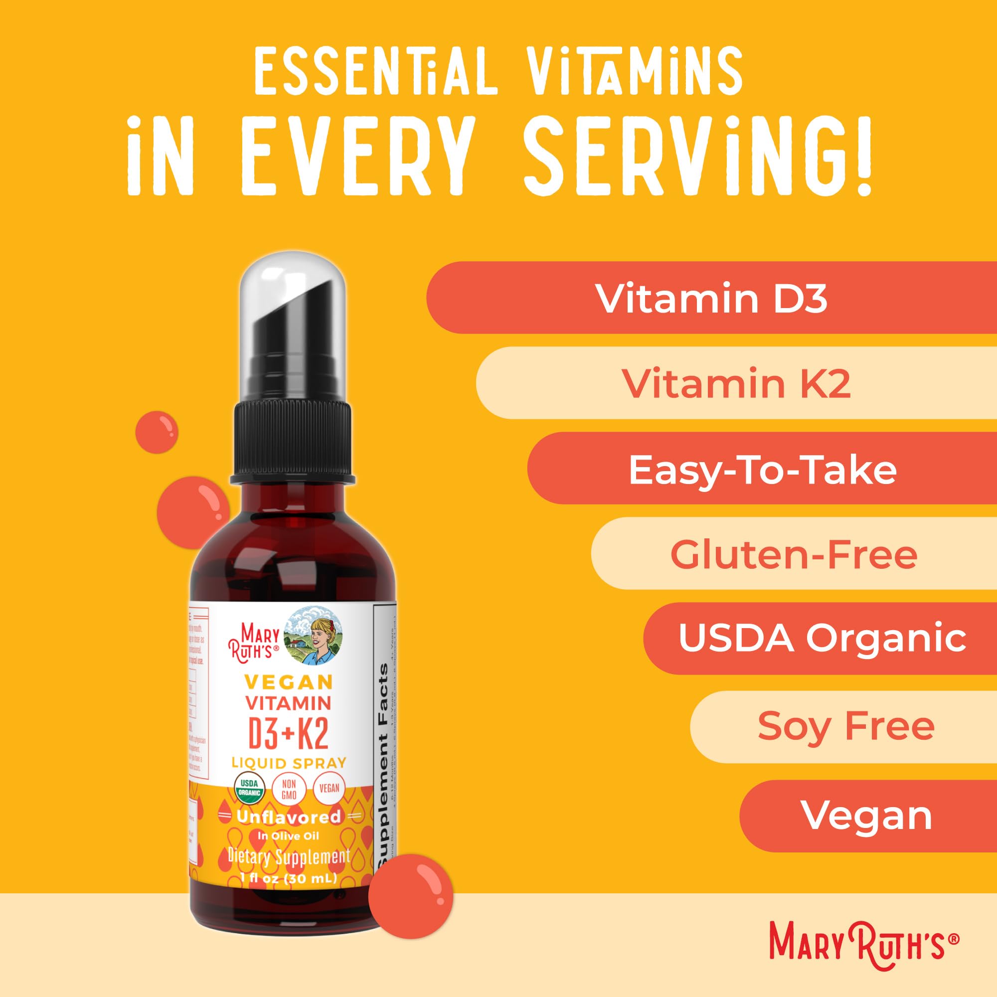 MaryRuth's D3+K2 spray vegan formula emphasized on the label.