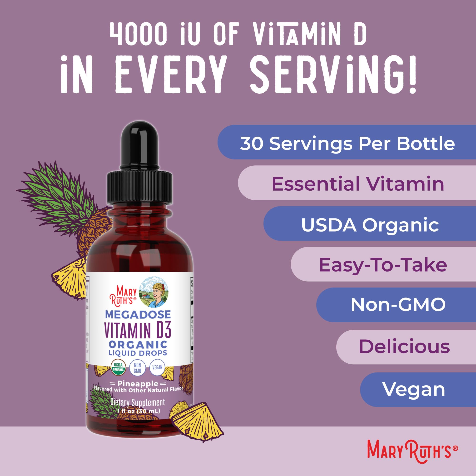 MaryRuth's D3 drops dosing instruction showing 1 mL per day
