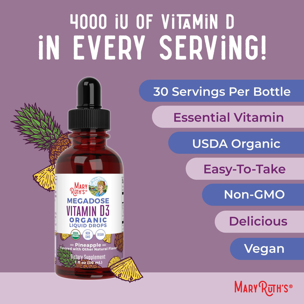 MaryRuth's D3 drops dosing instruction showing 1 mL per day